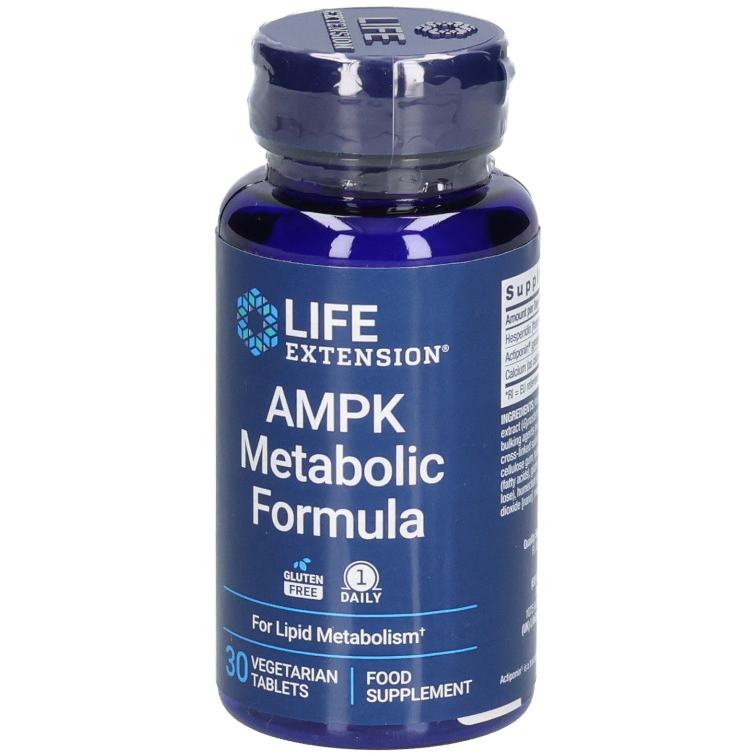 Blaue Flasche mit Tabletten. Aufschrift: LIFE EXTENSION, AMPK Metabolic Formula, glutenfrei, 30 Tabletten, Nahrungsergänzungsmittel.