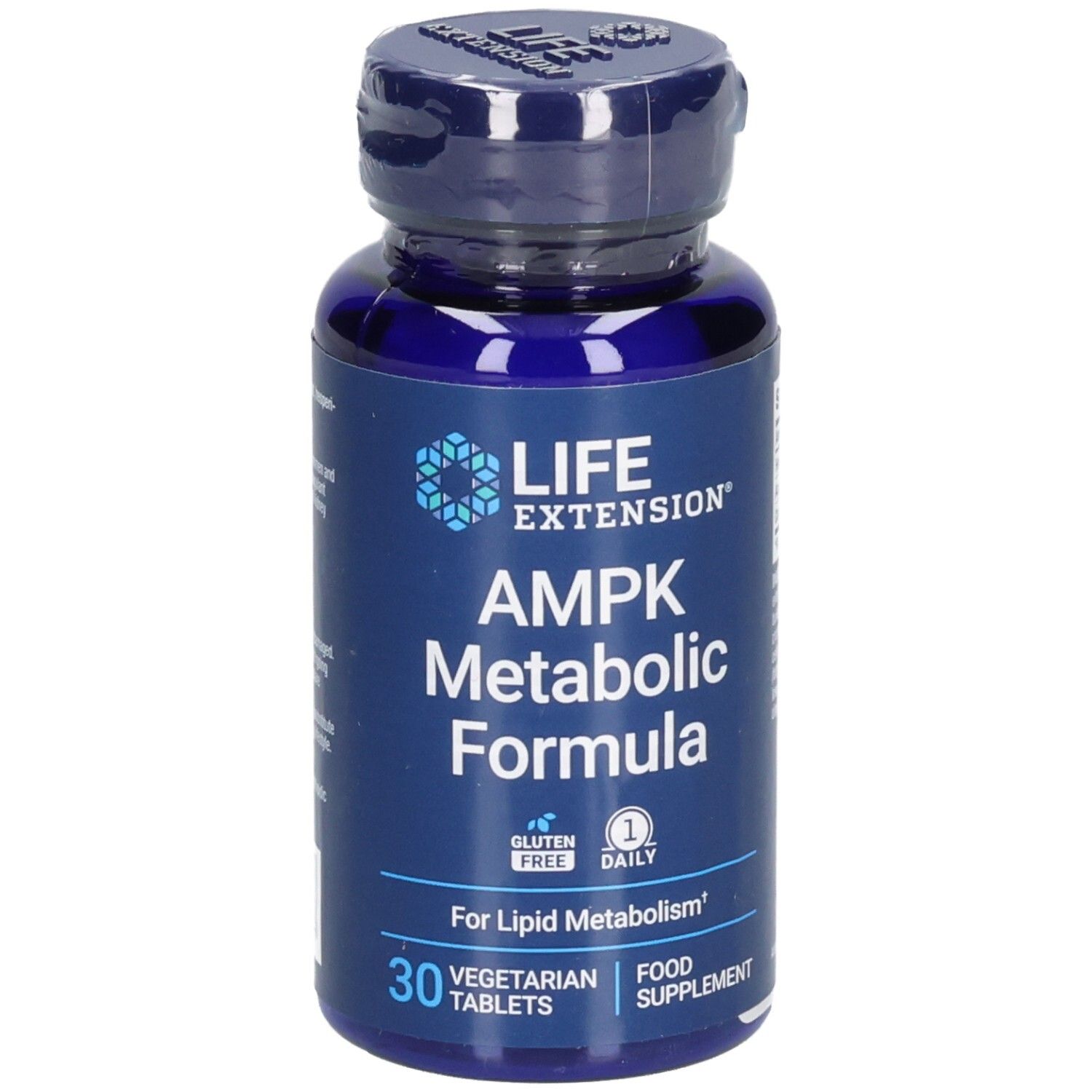 Blaue Flasche mit Tabletten. Aufschrift: LIFE EXTENSION, AMPK Metabolic Formula, glutenfrei, 30 Tabletten, Nahrungsergänzungsmittel.