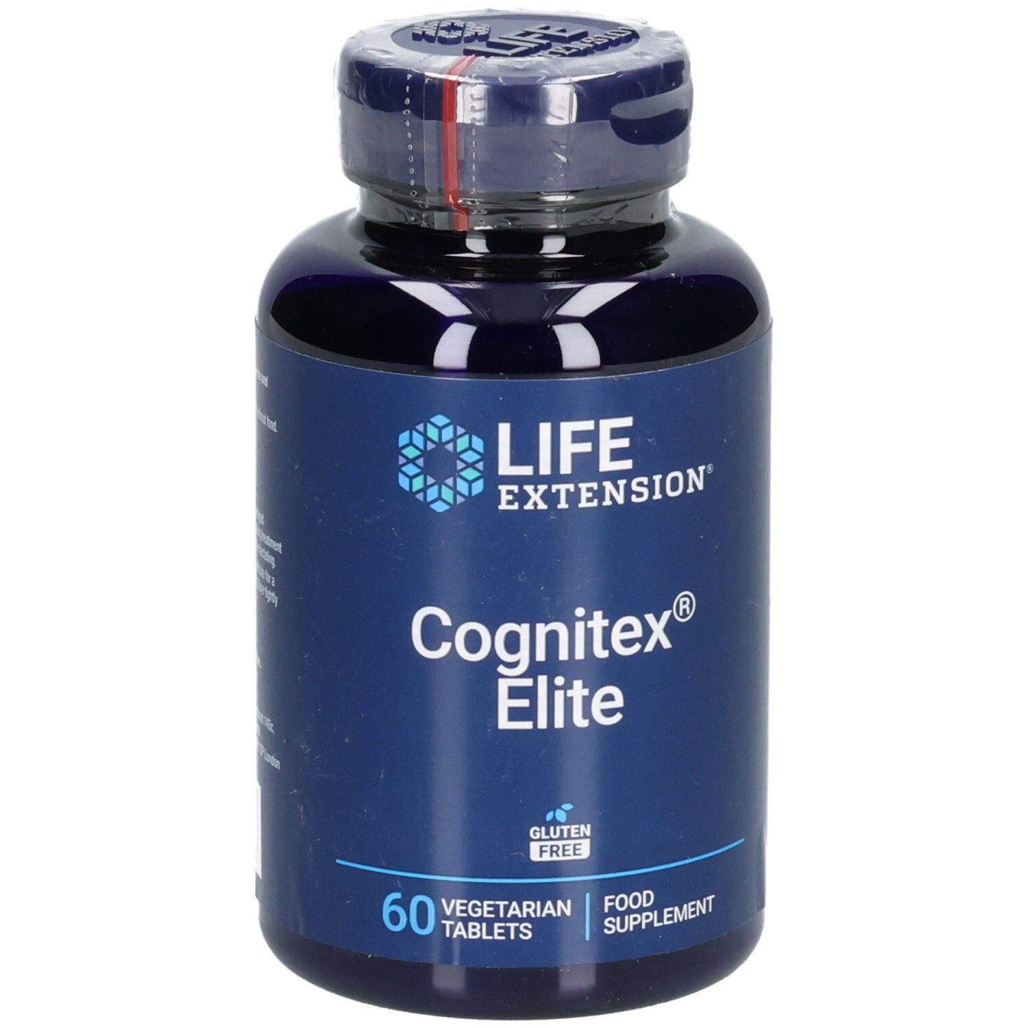 Blaue Flasche mit "LIFE EXTENSION Cognitex Elite" und 60 Tabletten. Glutenfrei, vegetarisch.