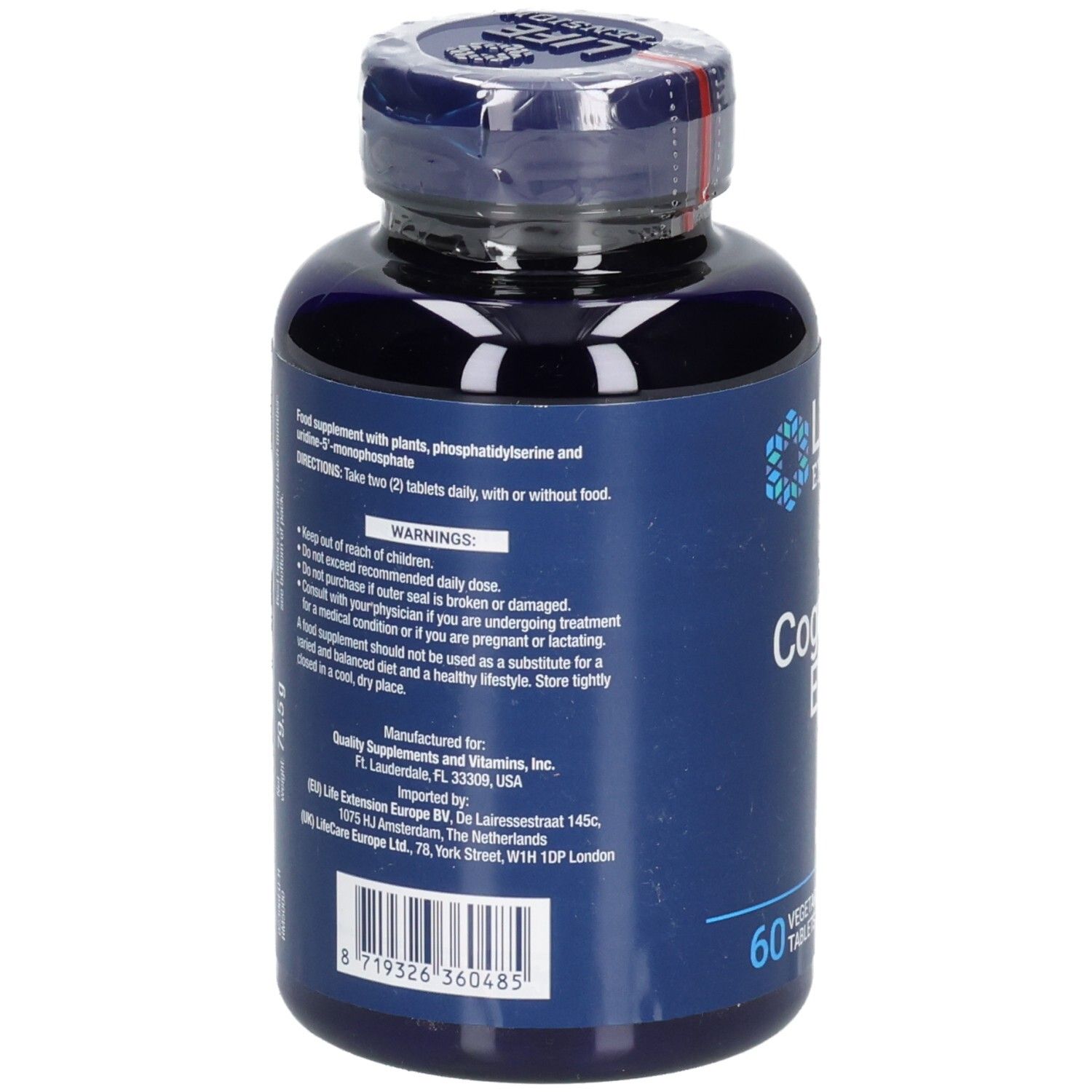 Rückseite der blauen Flasche. Enthält Informationen zu Inhaltsstoffen und Warnhinweisen. 60 Tabletten.