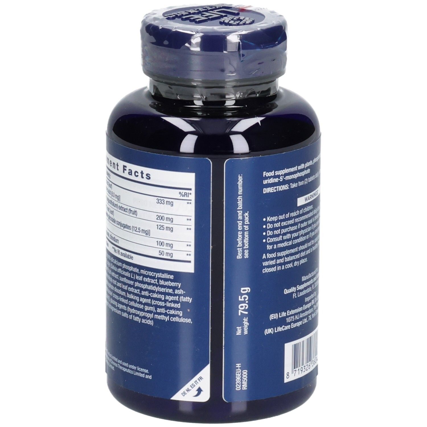 Rückseite der blauen Flasche mit Nährwertangaben und Gewicht von 79,5 g. Enthält Inhaltsstoffe.