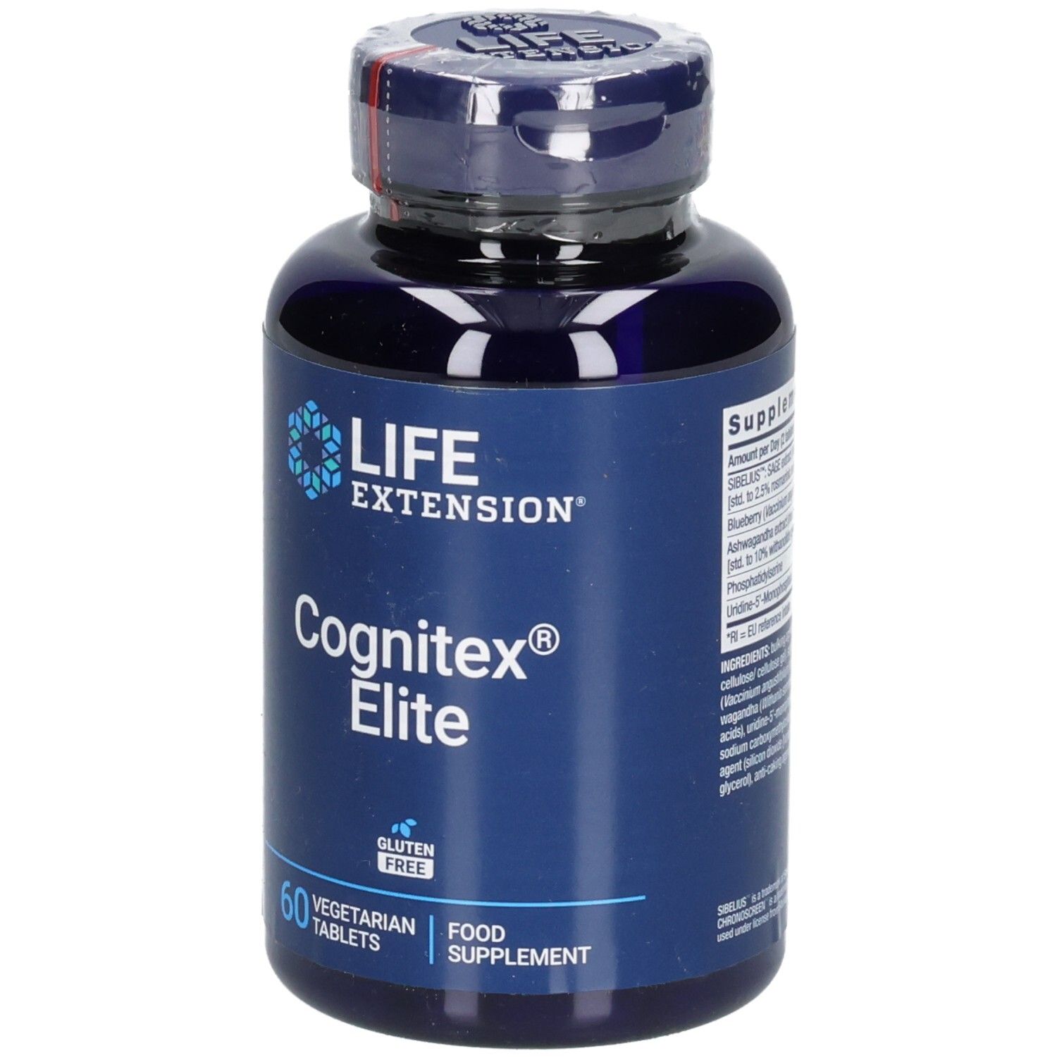 Blaue Flasche mit "LIFE EXTENSION Cognitex Elite" und 60 Tabletten. Glutenfrei, vegetarisch.