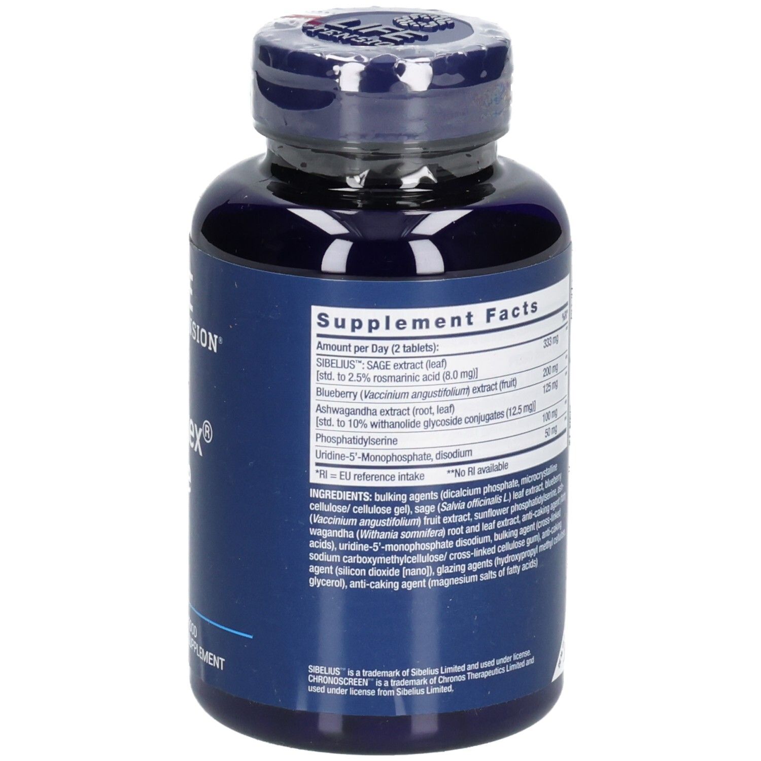 Rückseite der blauen Flasche mit Nährwertangaben. Enthält Inhaltsstoffe und Dosierung pro Tag.