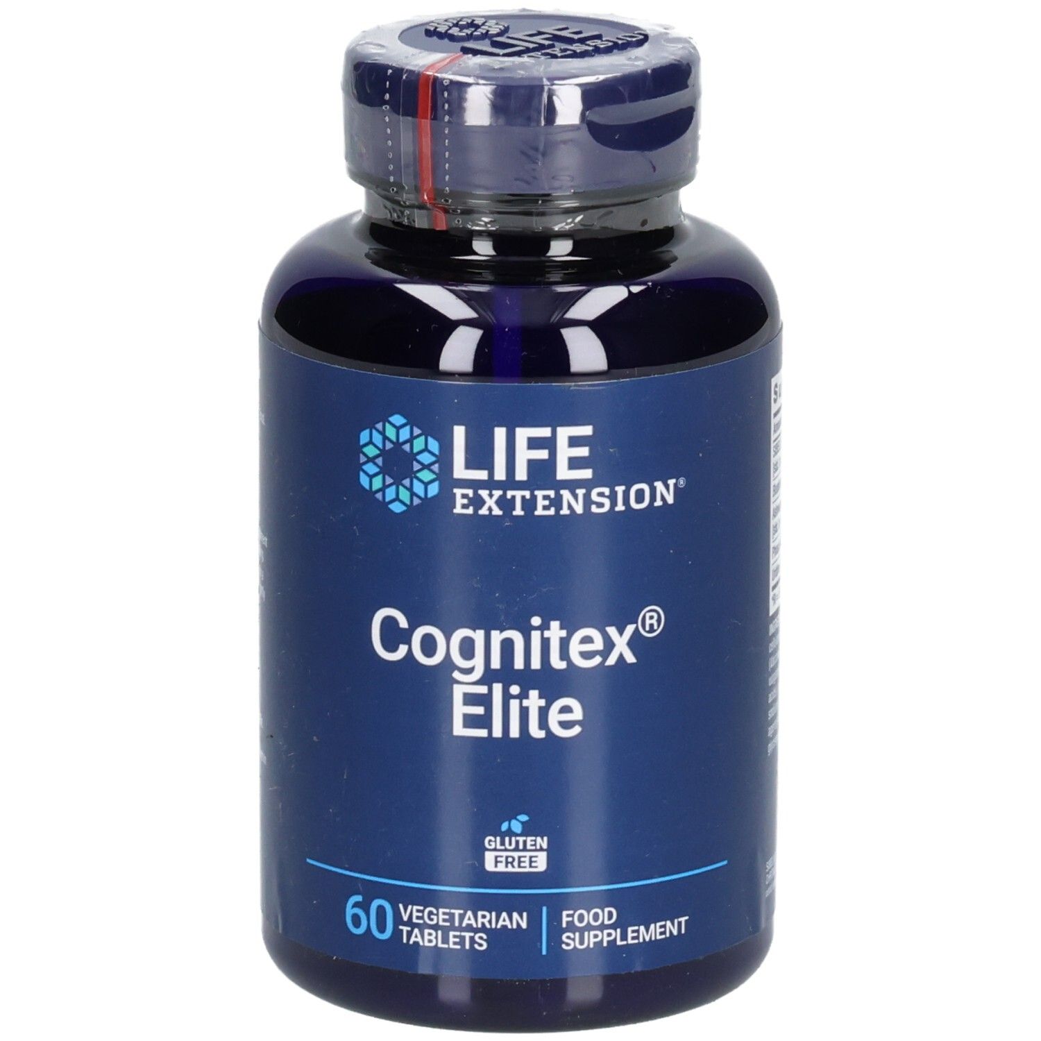 Blaue Flasche mit "LIFE EXTENSION Cognitex Elite" und 60 Tabletten. Glutenfrei, vegetarisch.