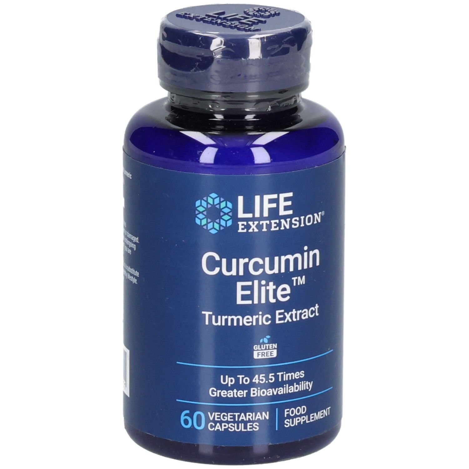 Flacon bleu LIFE EXTENSION® Curcumin Elite™ extrait de curcuma. 60 gélules végétariennes. Sans gluten.