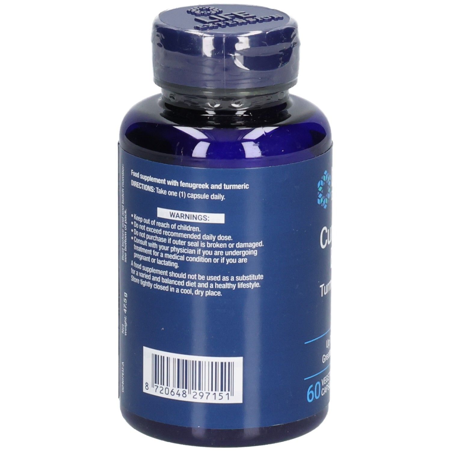 Dos du flacon bleu LIFE EXTENSION® Curcumin Elite™. Contient avertissements et ingrédients.