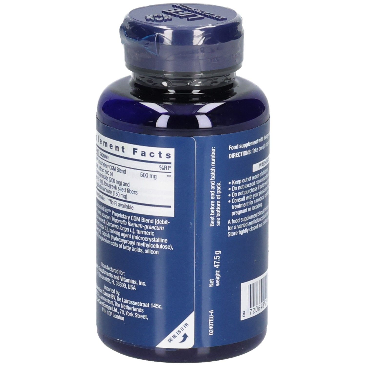 Dos du flacon bleu LIFE EXTENSION® Curcumin Elite™. Informations nutritionnelles et poids 47,5 g.