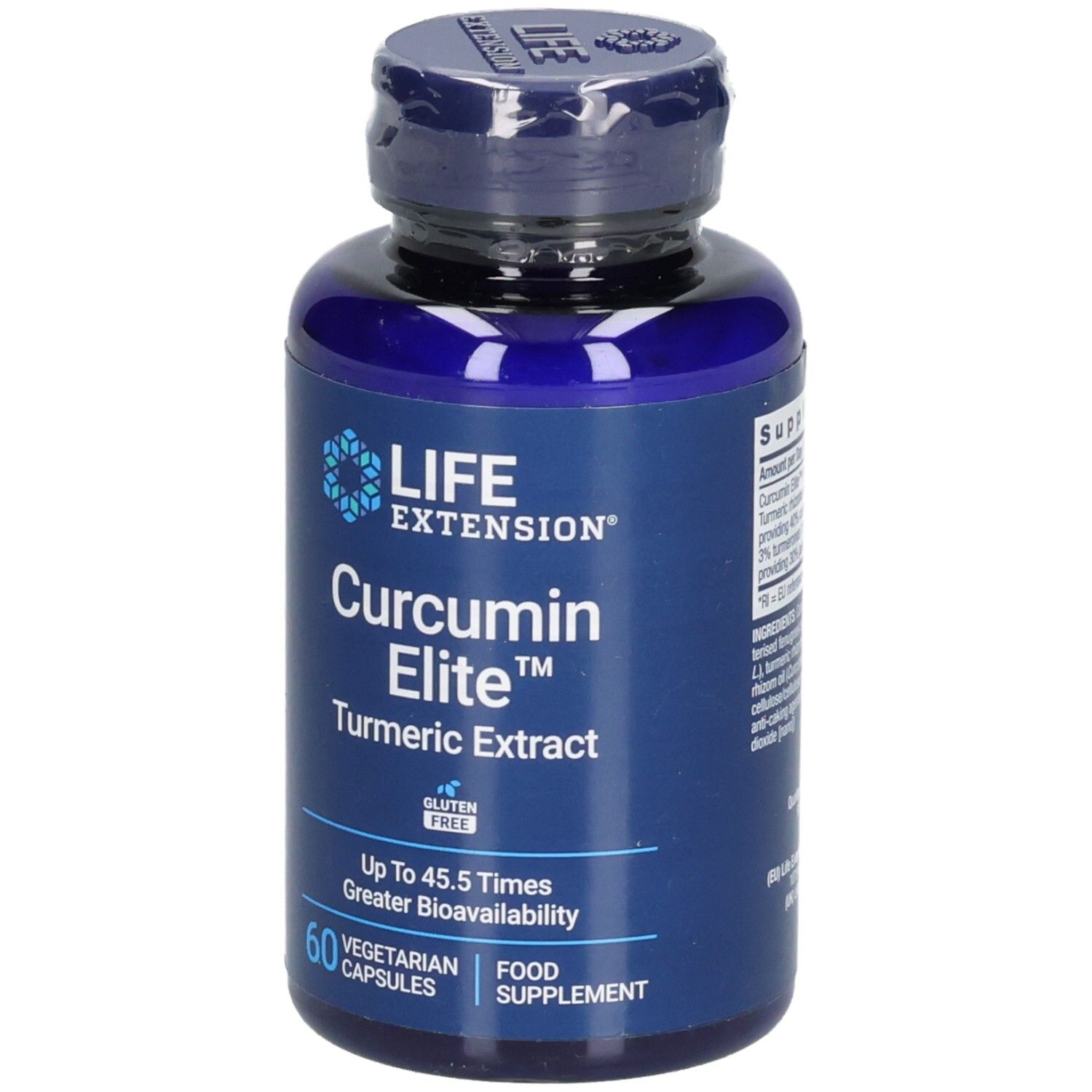 Flacon bleu LIFE EXTENSION® Curcumin Elite™ extrait de curcuma. 60 gélules végétariennes. Sans gluten.