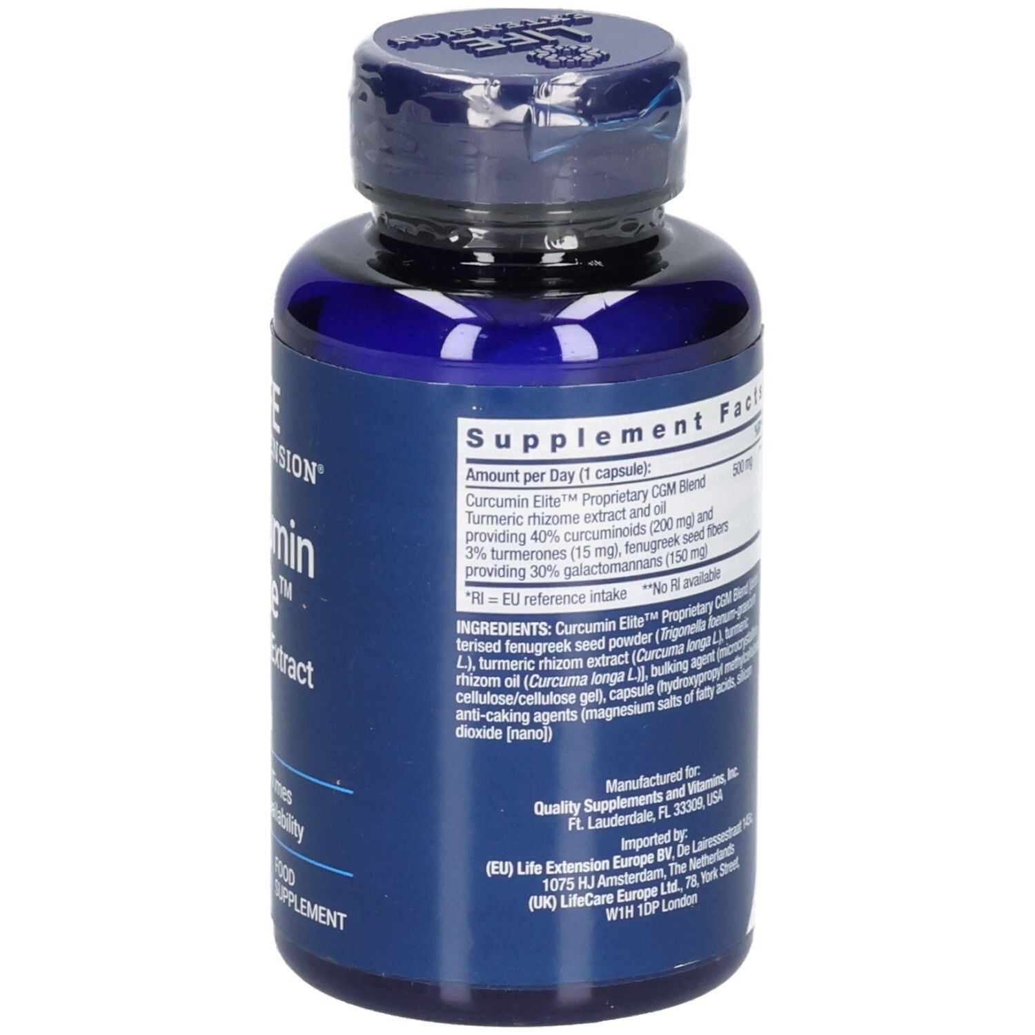 Dos du flacon bleu LIFE EXTENSION® Curcumin Elite™. Informations nutritionnelles et ingrédients.