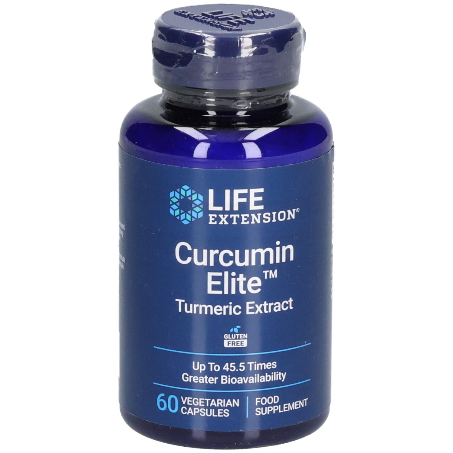 Flacon bleu LIFE EXTENSION® Curcumin Elite™ extrait de curcuma. 60 gélules végétariennes. Sans gluten.