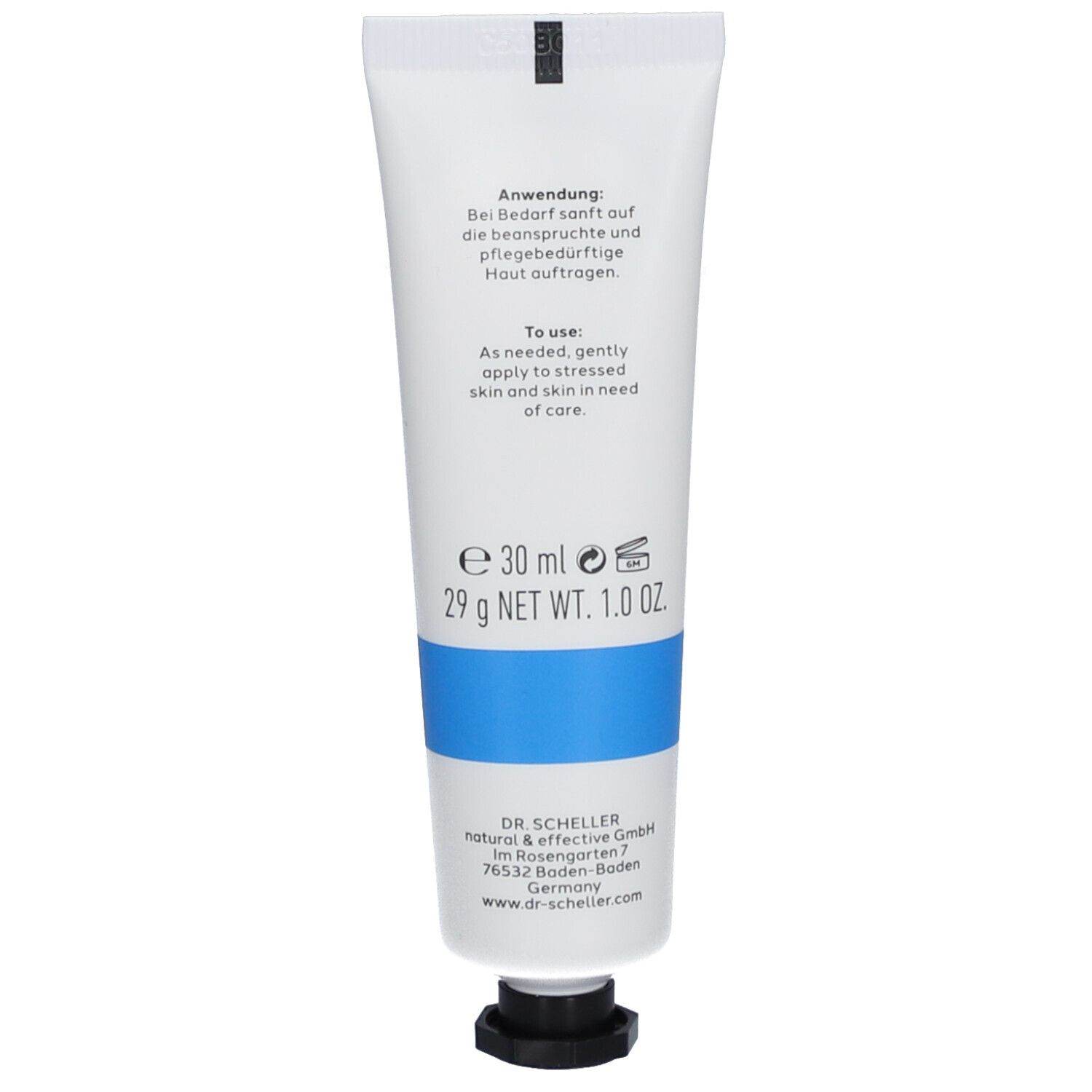 Rückseite der Tube. Text: Anwendung: Bei Bedarf sanft auf die beanspruchte Haut auftragen. 30 ml.