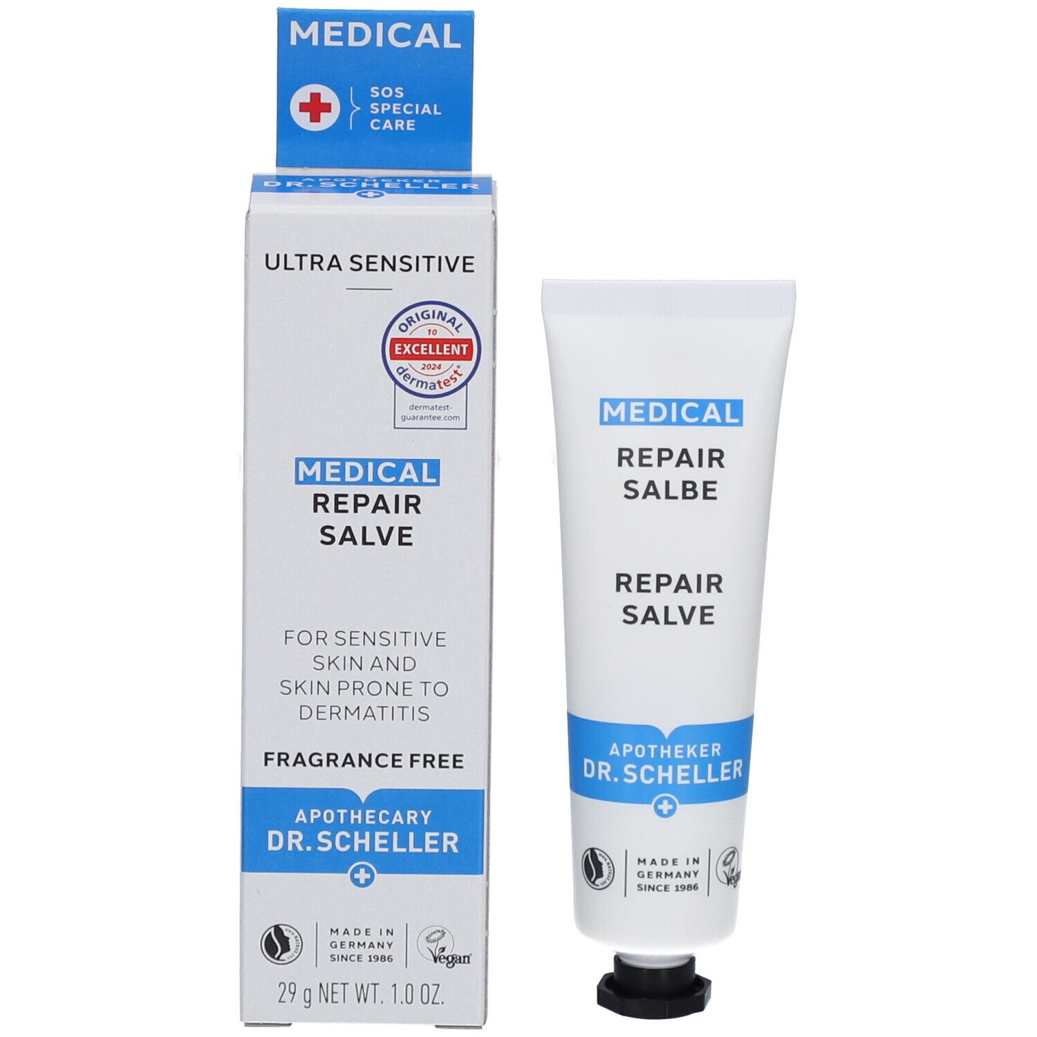Produktverpackung und Tube. Verpackung: MEDICAL REPAIR SALBE. Für empfindliche Haut. Apotheker Dr. Scheller. Vegan.