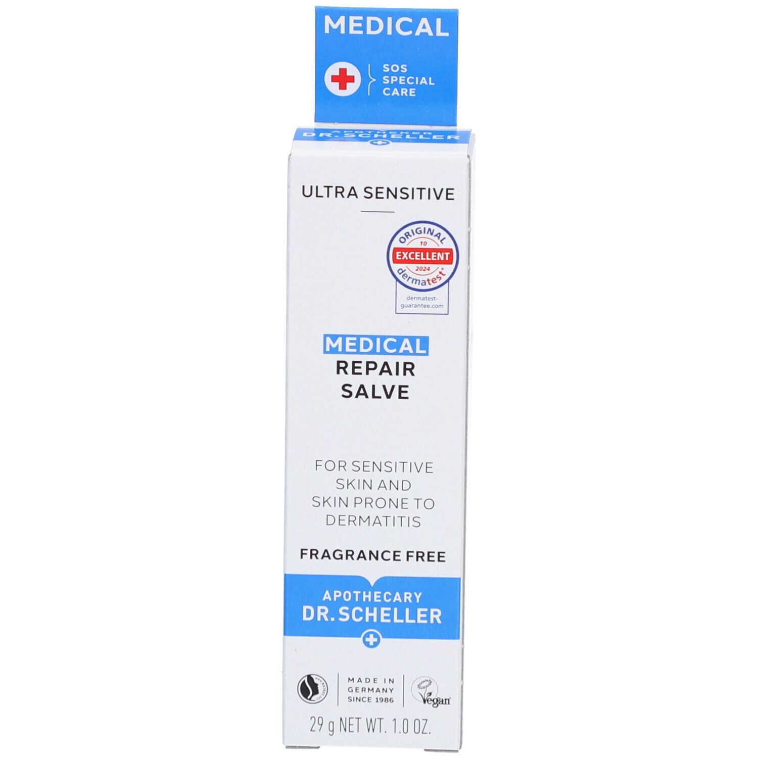 Produktverpackung. Aufschrift: MEDICAL REPAIR SALBE. Für empfindliche Haut. Apotheker Dr. Scheller. Vegan.
