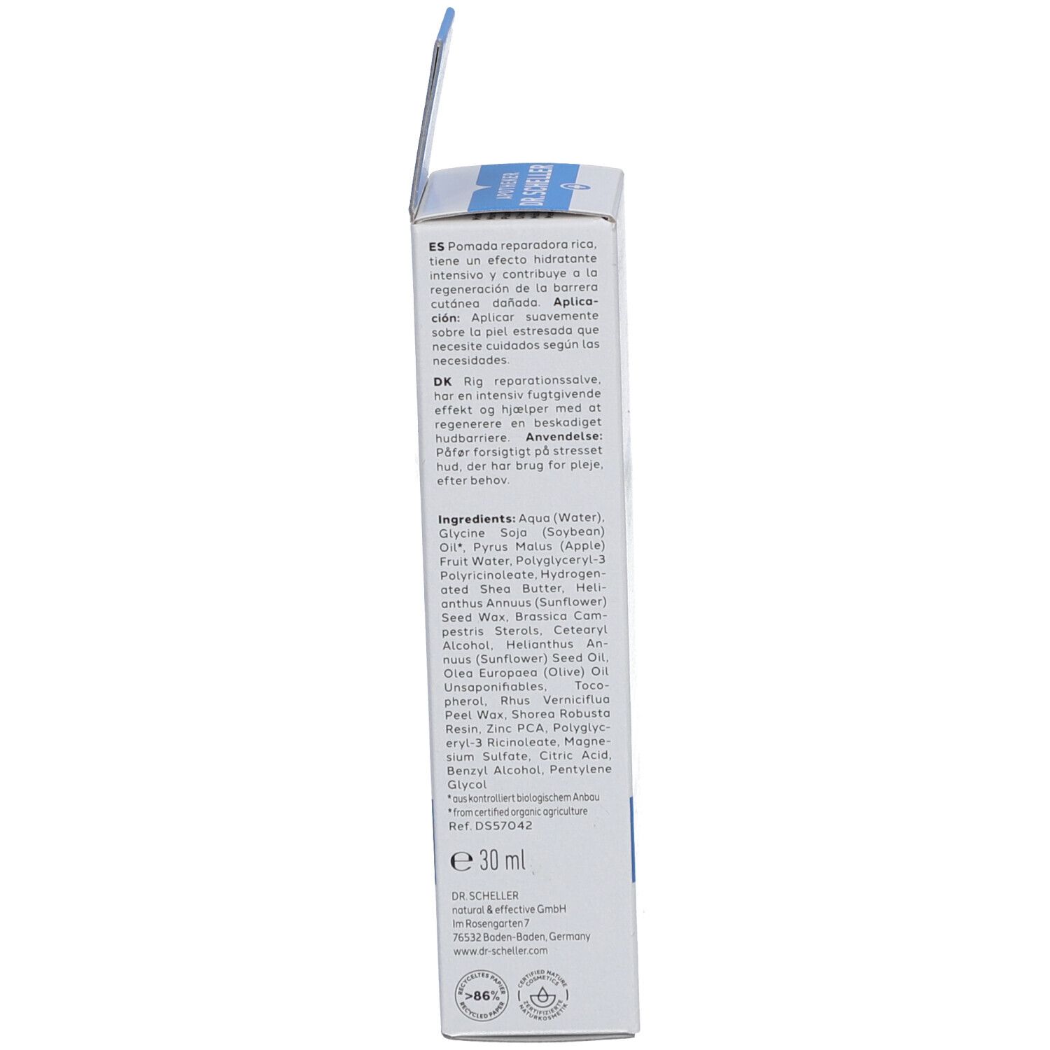 Seitenansicht der Verpackung. Text: Inhaltsstoffe, Anwendung, Herstellerinformationen. 30 ml.