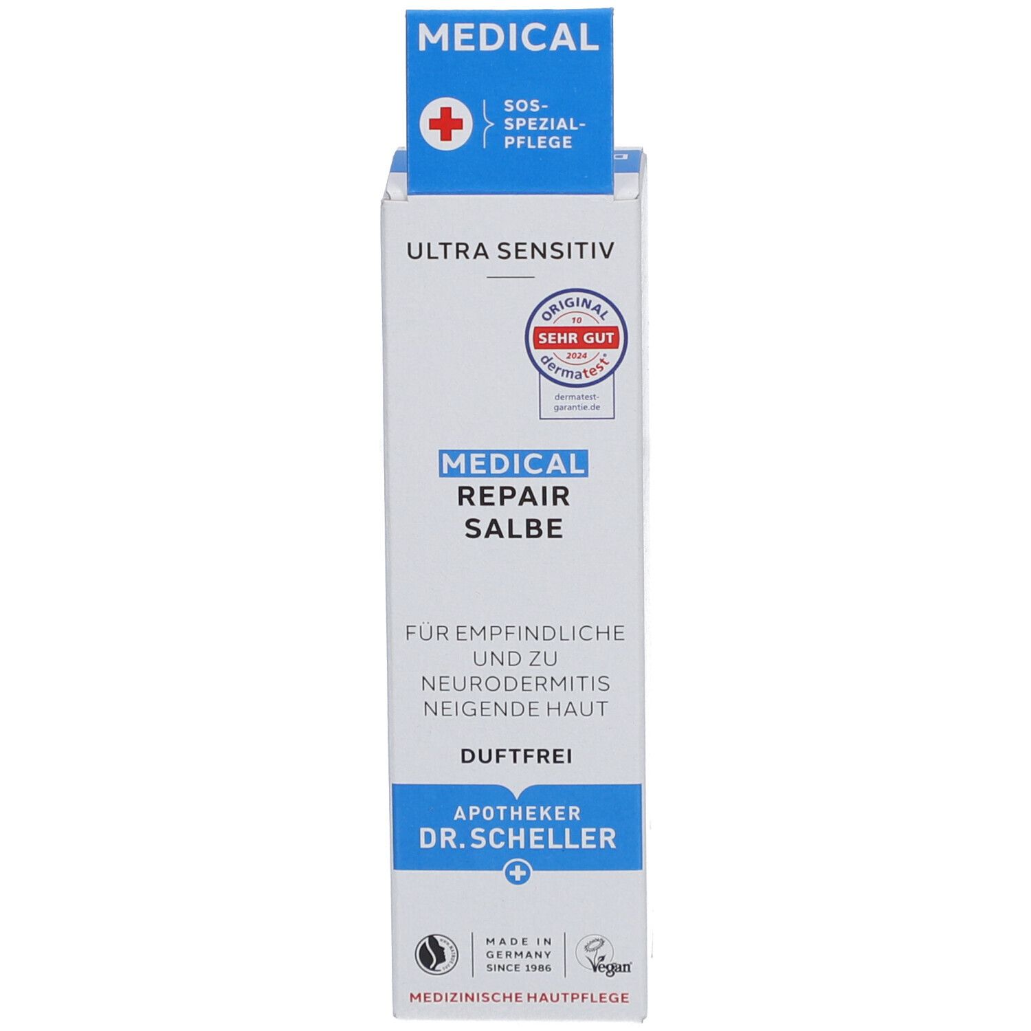 Produktverpackung. Aufschrift: MEDICAL REPAIR SALBE. Für empfindliche Haut. Apotheker Dr. Scheller. Vegan.