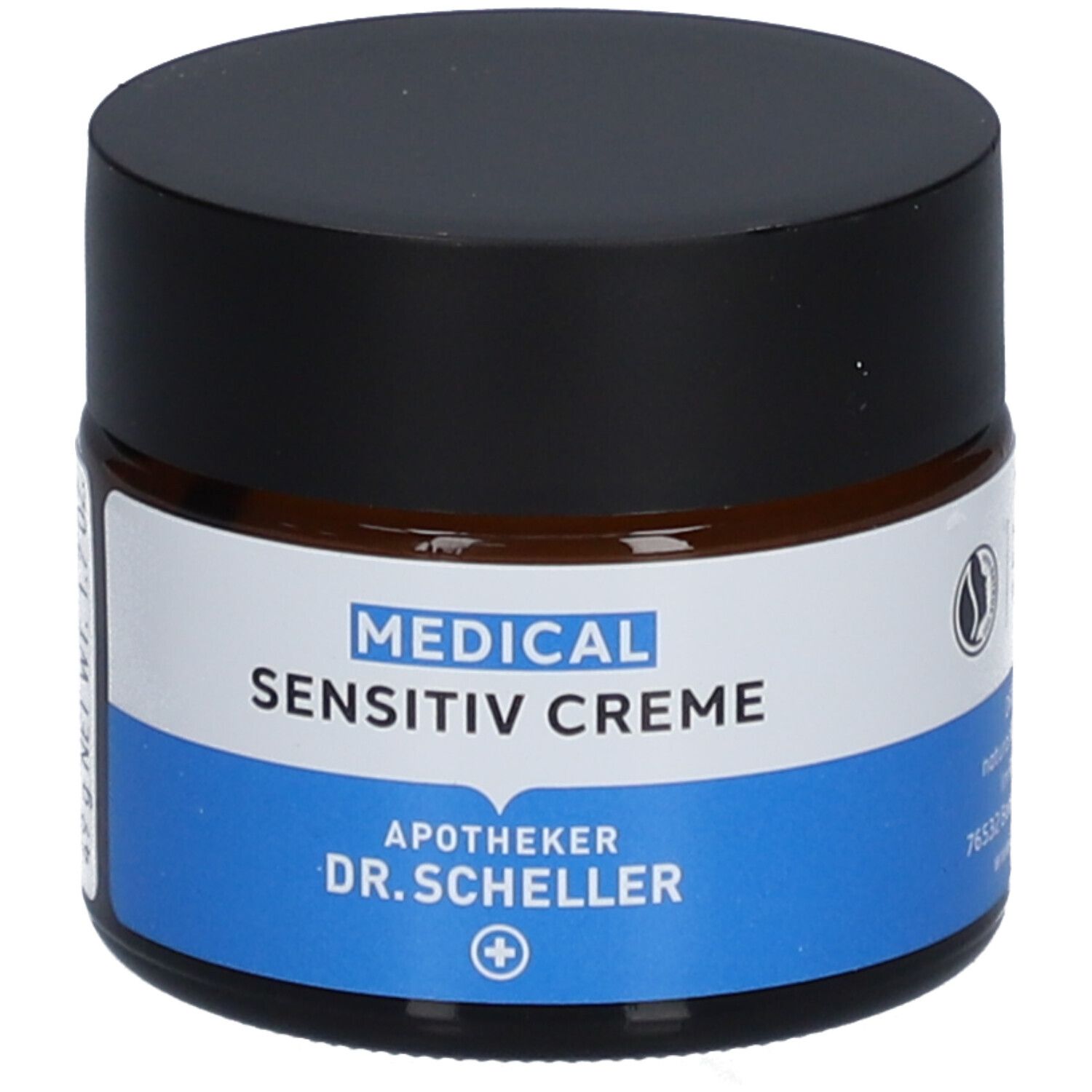 Crème en pot de verre brun avec couvercle noir. Inscription: MEDICAL SENSITIV CREME, Apotheke DR. SCHELLER. Label Vegan.
