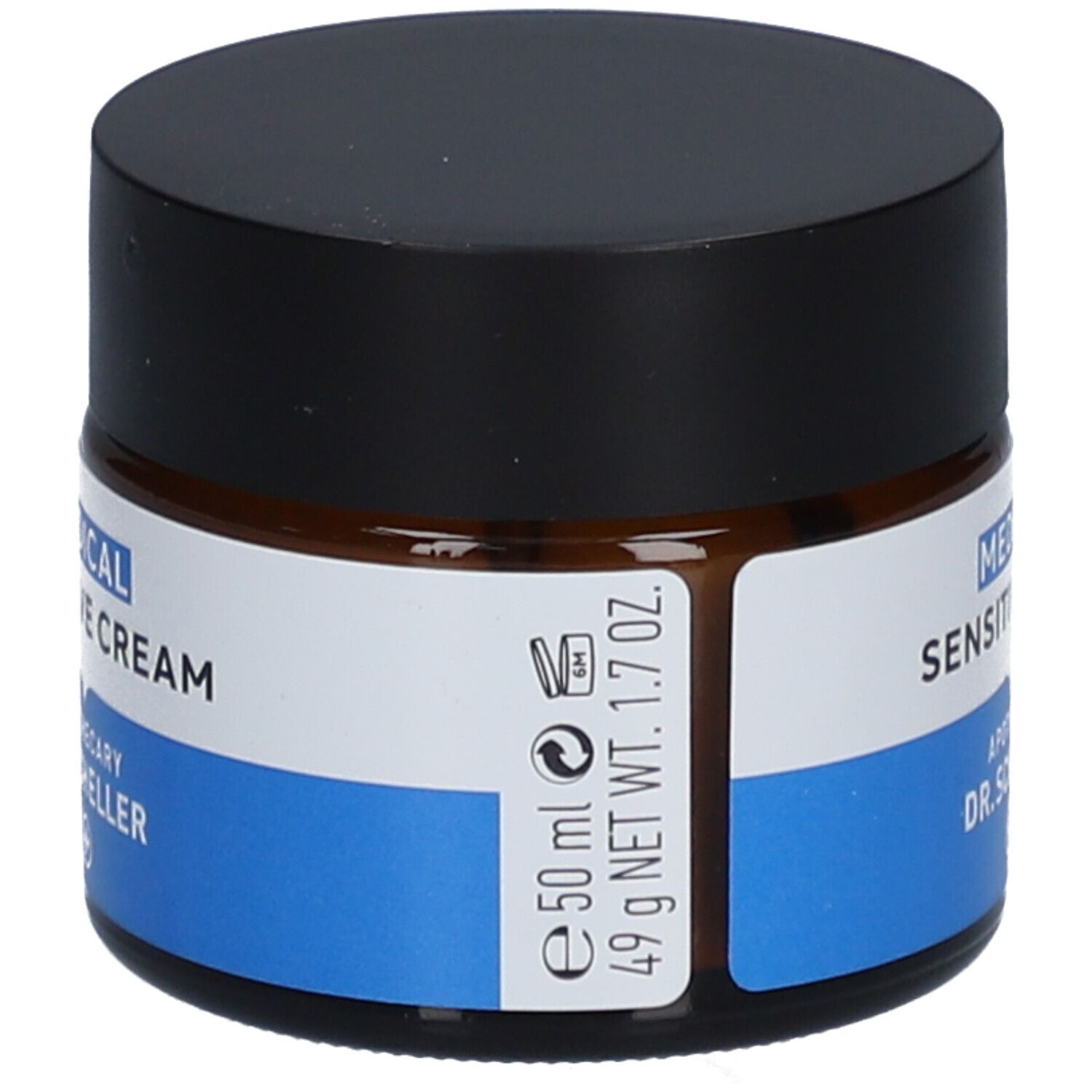 Crème en pot de verre brun avec couvercle noir. Inscription: MEDICAL CREME, Apotheke DR. SCHELLER. 50 ml, 49 g Net.