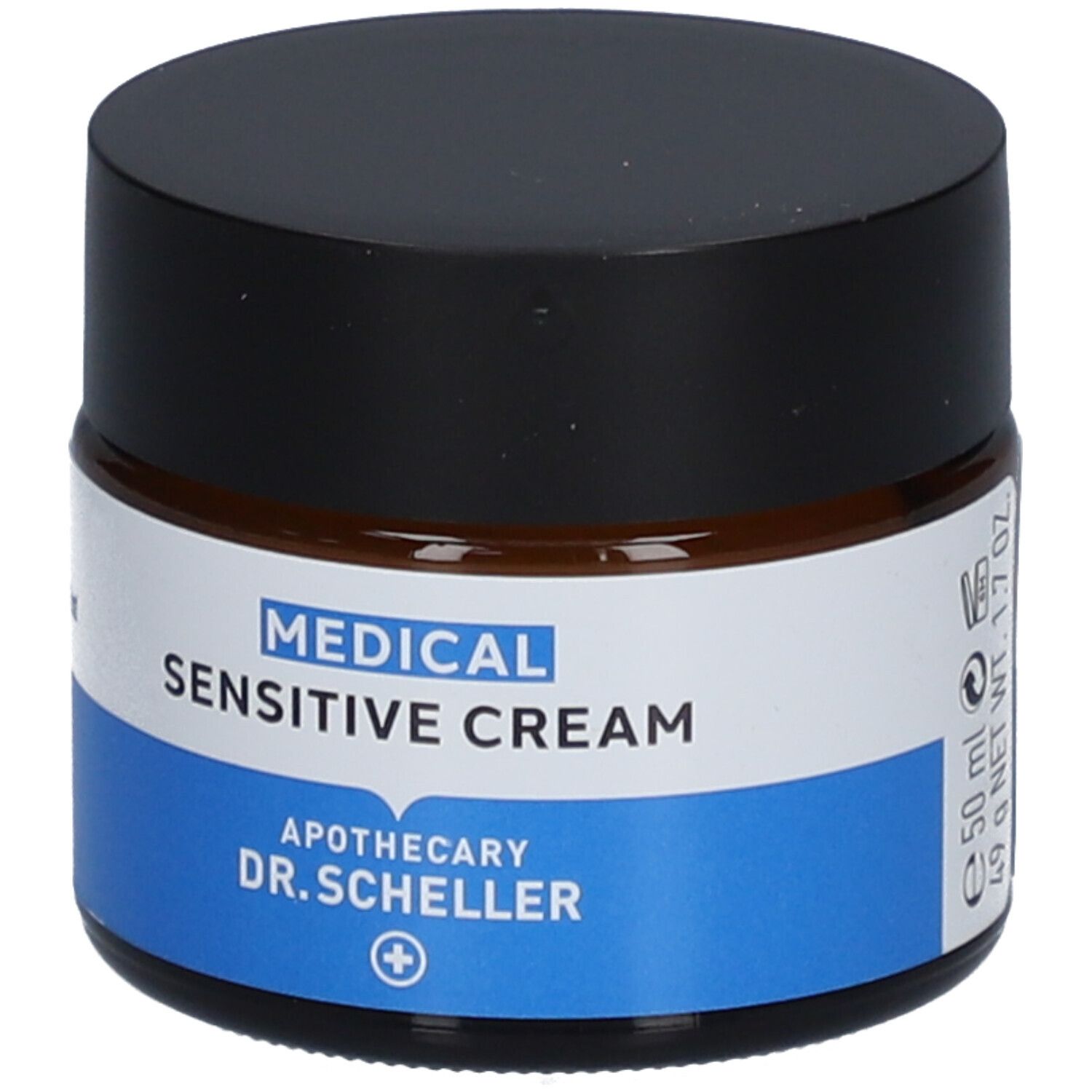 Crème en pot de verre brun avec couvercle noir. Inscription: MEDICAL SENSITIVE CREAM, Apotheke DR. SCHELLER. 50 ml, 49 g Net.