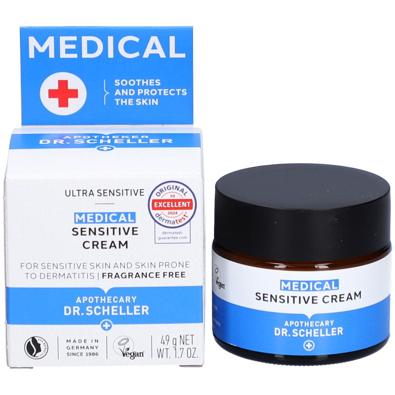 Emballage du produit avec crème et carton. Inscription: MEDICAL SENSITIVE CREAM, Apotheke DR. SCHELLER. Vegan, Dermatest.