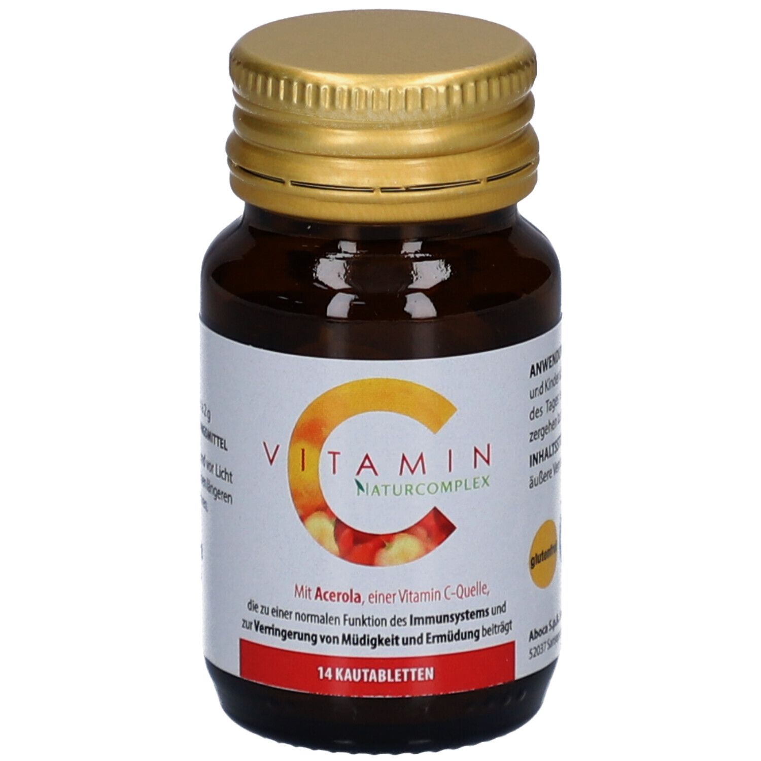 Flacon en verre brun avec couvercle doré. Étiquette "Vitamin C Naturcomplex" et 14 comprimés à croquer. Sans gluten.