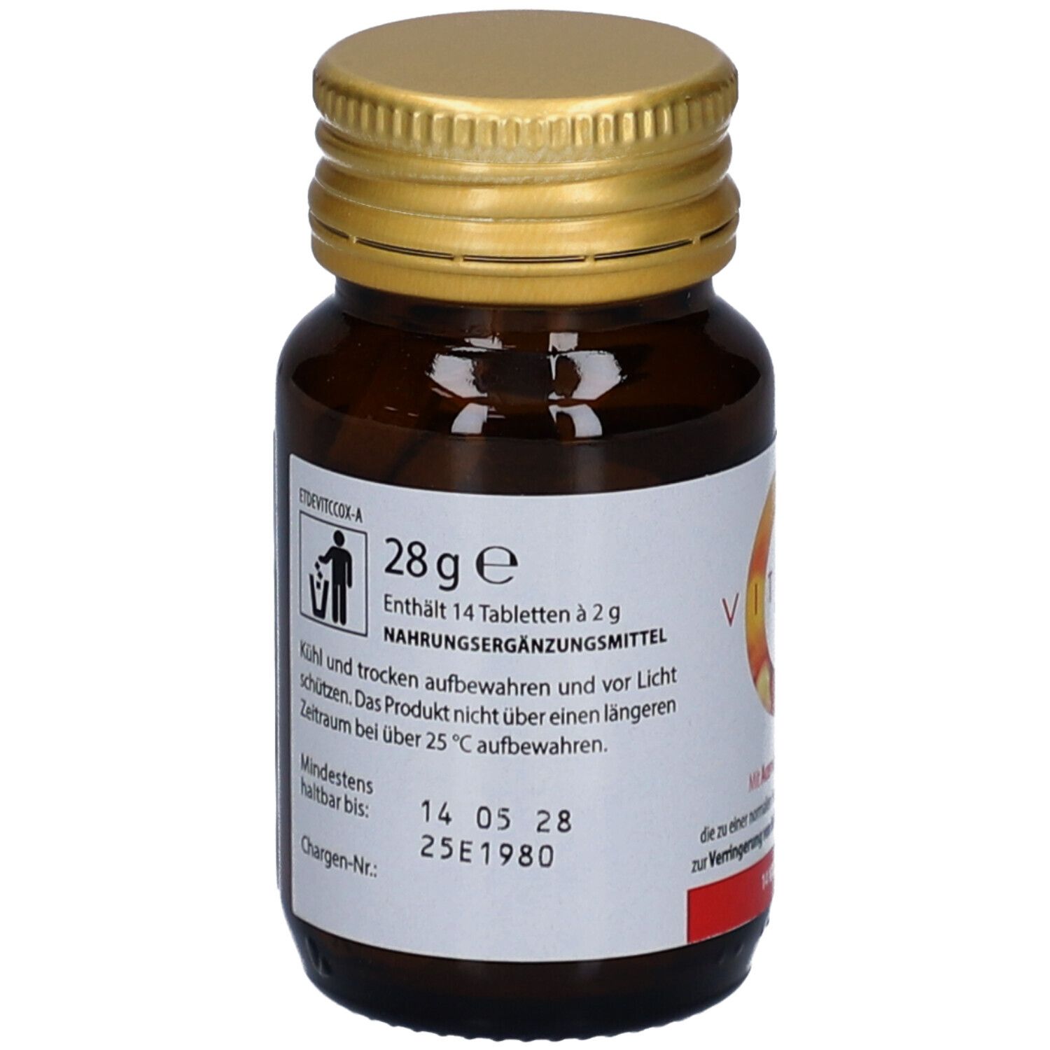 Flacon en verre brun avec couvercle doré. Étiquette avec informations: 28 g, 14 comprimés, date de péremption, numéro de lot.