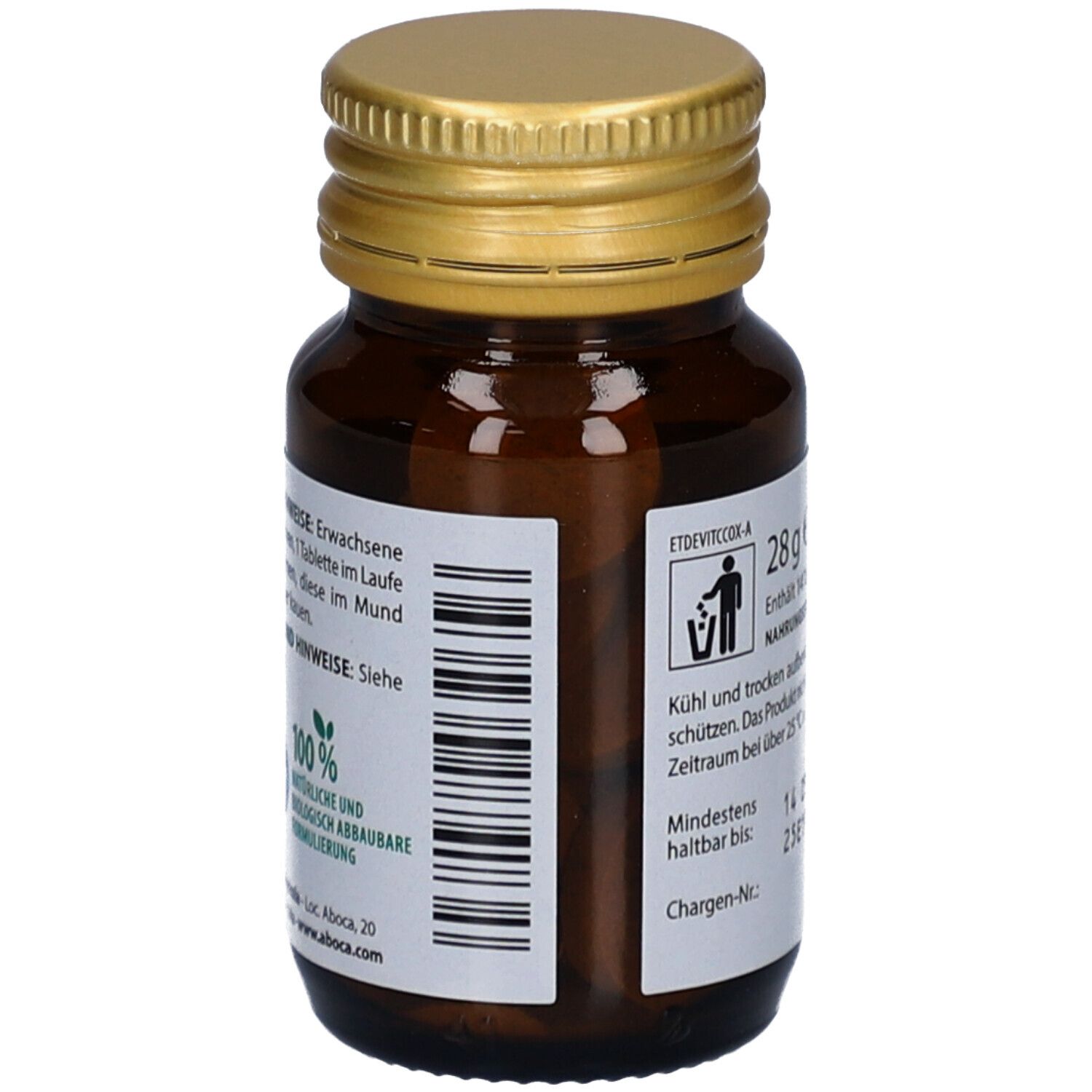 Flacon en verre brun avec couvercle doré. Étiquette avec texte: Conseils d'utilisation, formulation 100% naturelle et biodégradable.