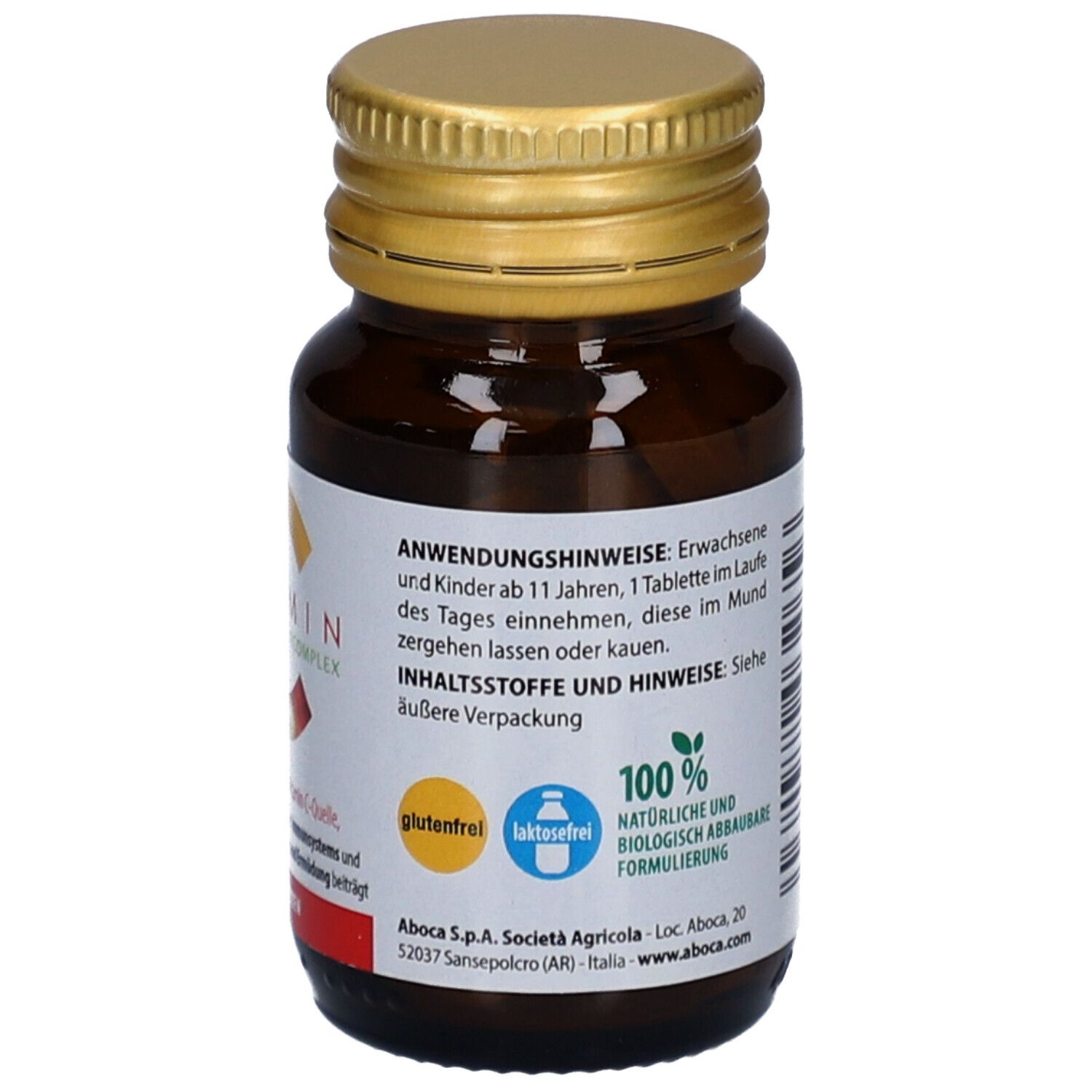 Flacon en verre brun avec couvercle doré. Étiquette avec texte: Mode d'emploi, formulation 100% naturelle et biodégradable.