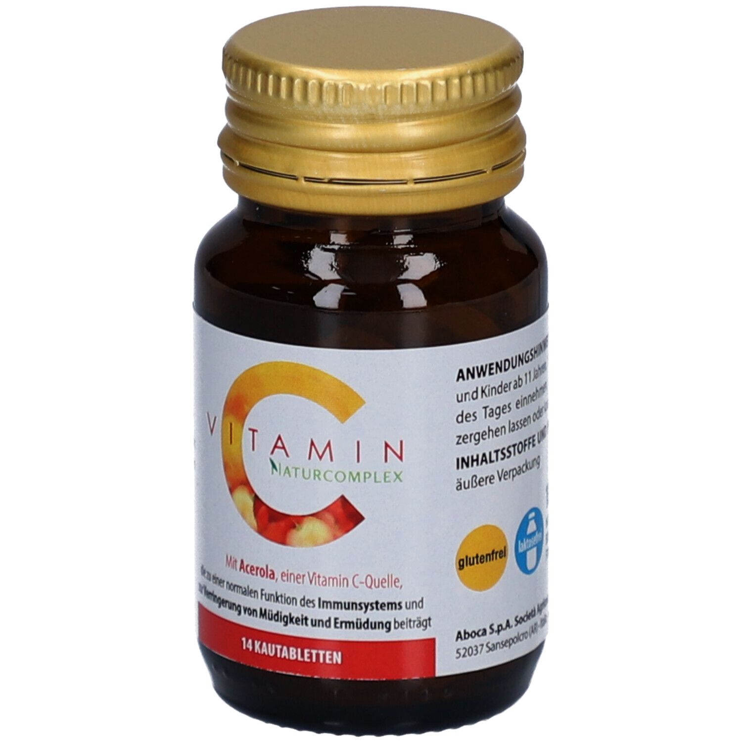 Flacon en verre brun avec couvercle doré. Étiquette "Vitamin C Naturcomplex" et 14 comprimés à croquer. Sans gluten.