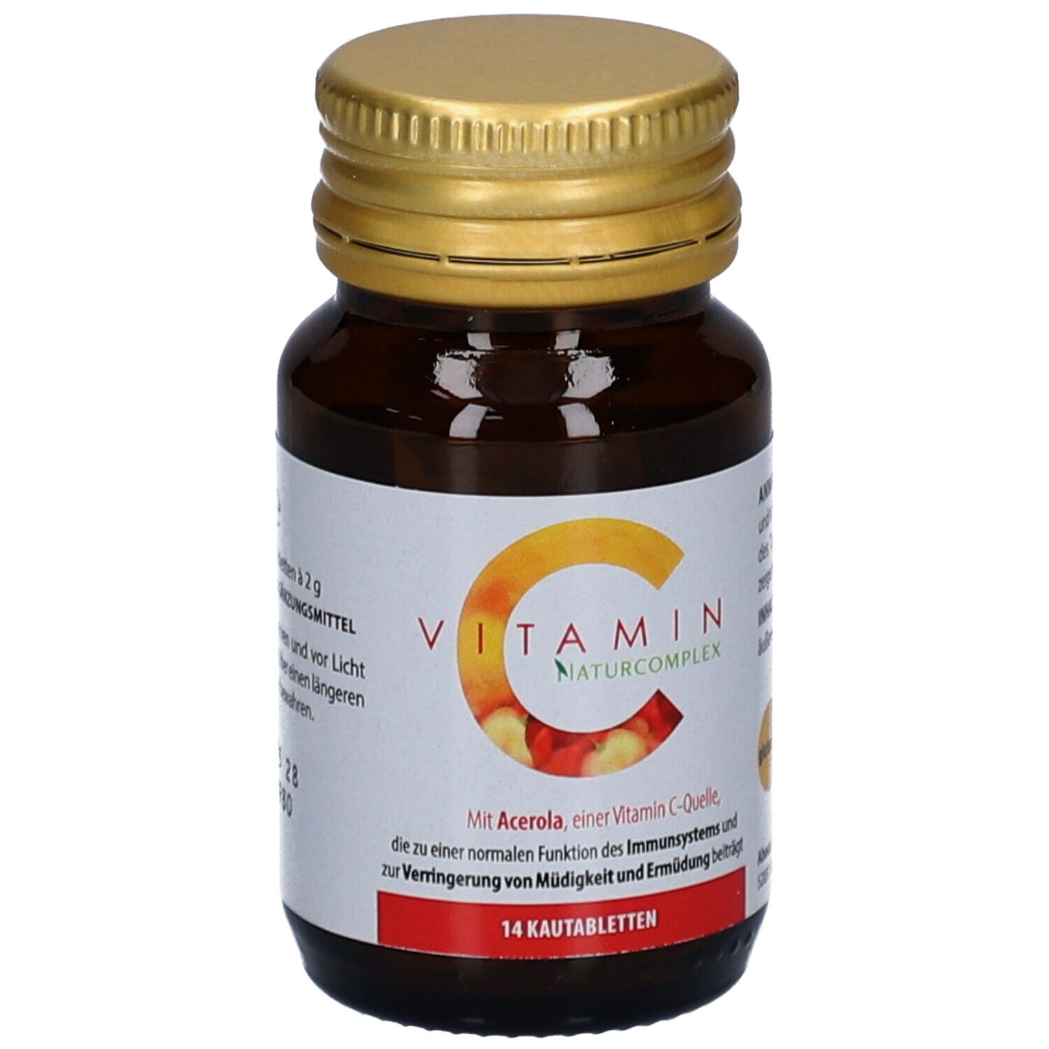 Flacon en verre brun avec couvercle doré. Étiquette "Vitamin C Naturcomplex" et 14 comprimés à croquer. Sans gluten.