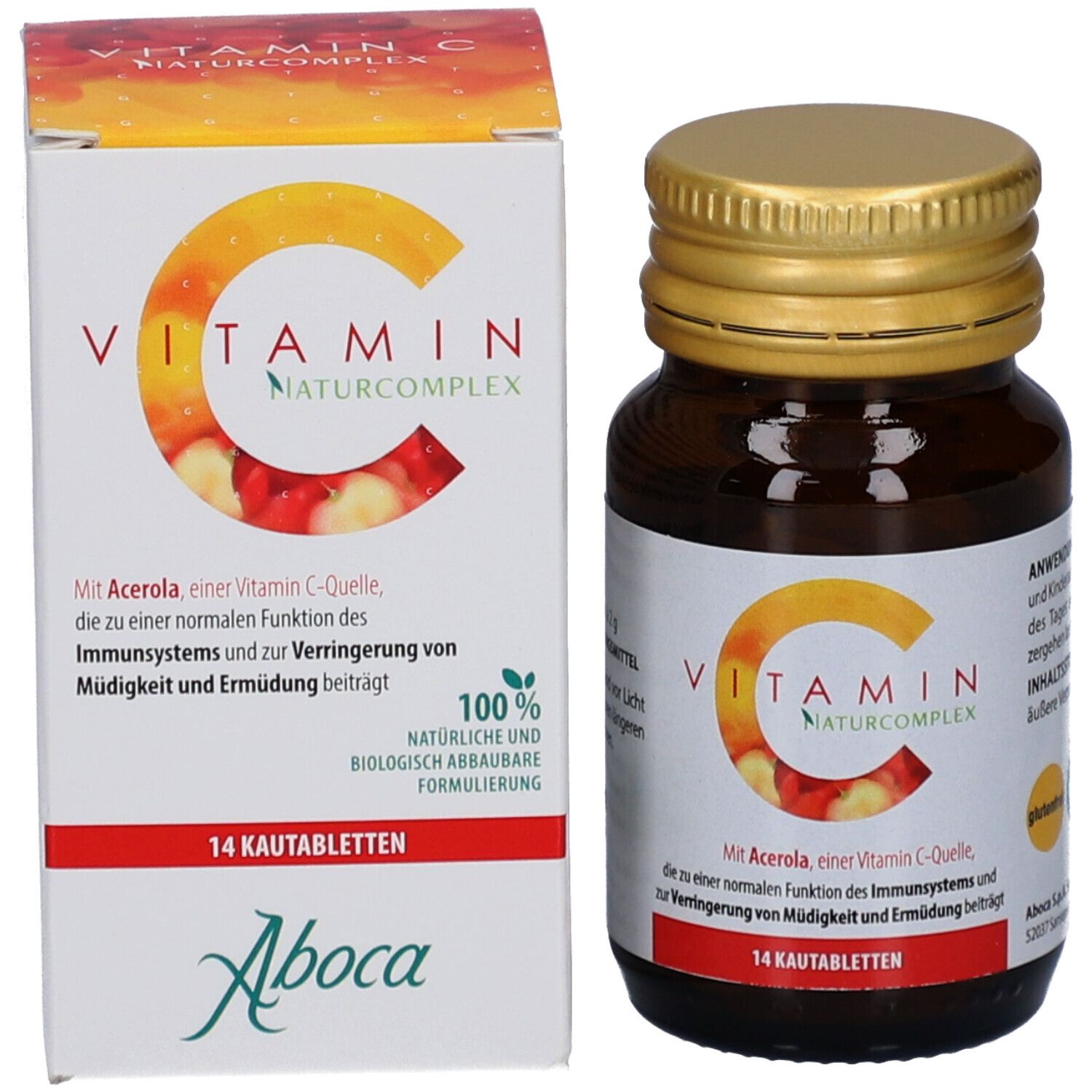 Flacon en verre brun et boîte. Sur le flacon: "Vitamin C Naturcomplex" et 14 comprimés à croquer. Sur la boîte: mêmes informations.