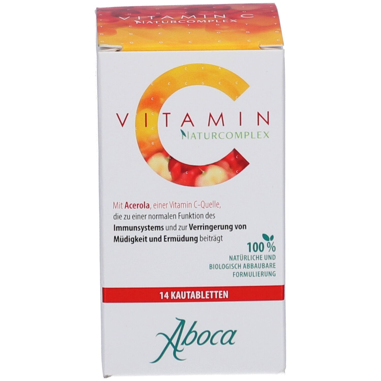 Boîte avec "Vitamin C Naturcomplex" et 14 comprimés à croquer. Logo: formulation 100% naturelle et biodégradable.