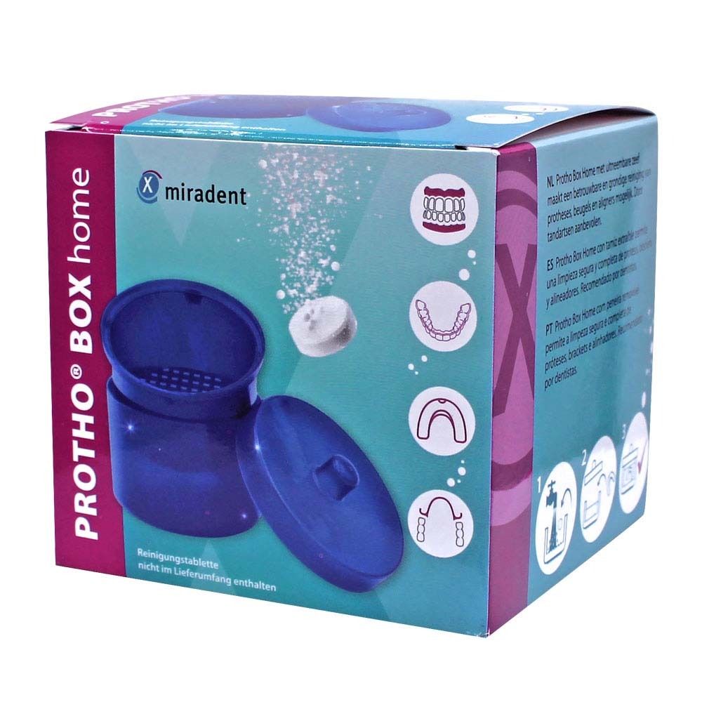 Emballage de PROTHO® BOX home. Image de la boîte, du couvercle et du tamis. Texte et logo de miradent.