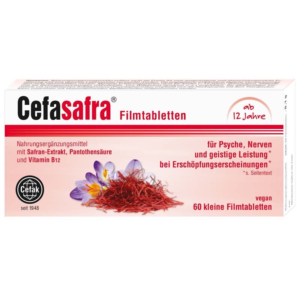 Boîte de Cefasafra Filmtabletten. Ingrédients, illustration de safran et fleurs. Texte en allemand. Pour les plus de 12 ans.