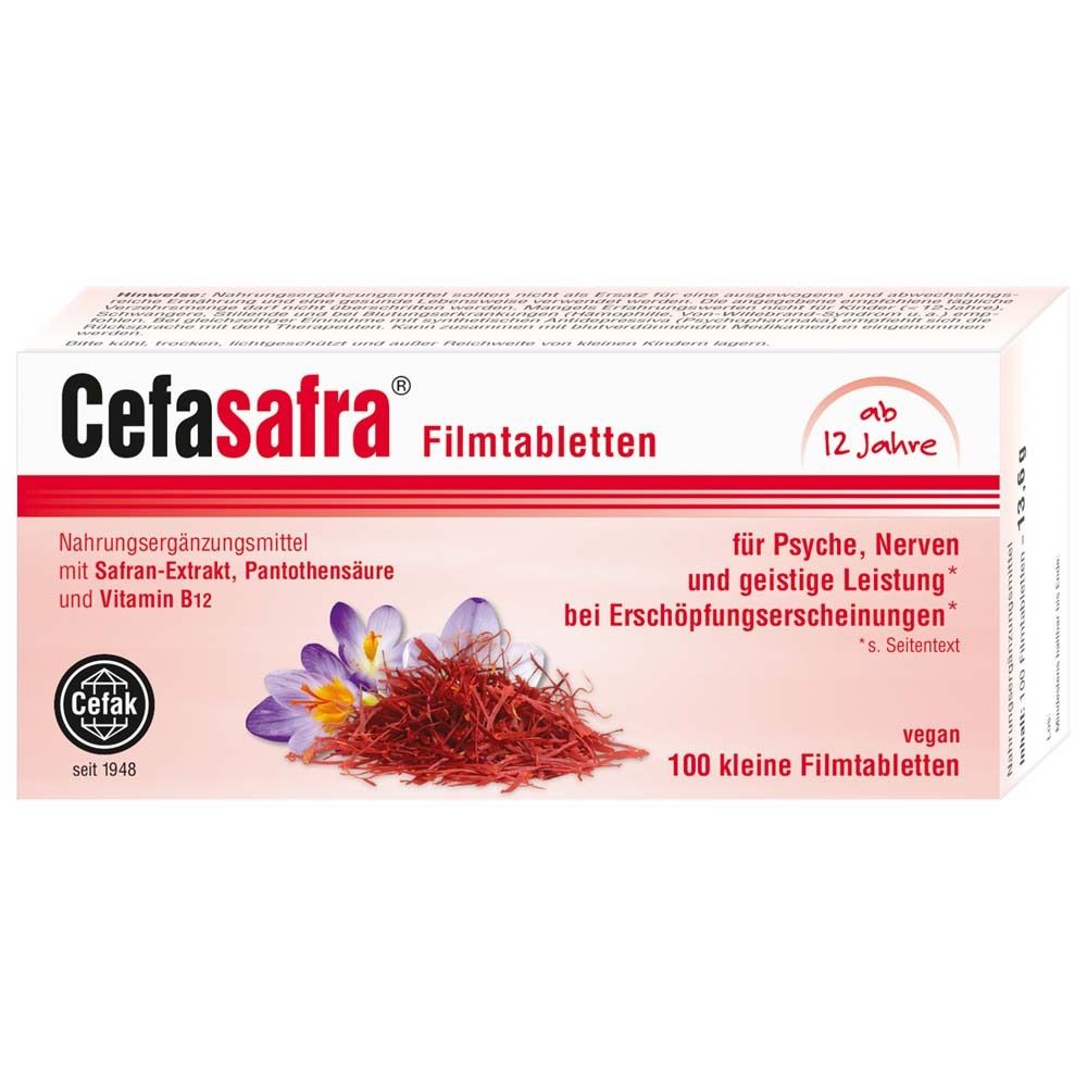 Boîte de comprimés pelliculés Cefasafra. Contient 100 petits comprimés. Avec extrait de safran, acide pantothénique et vitamine B12. Végétalien.