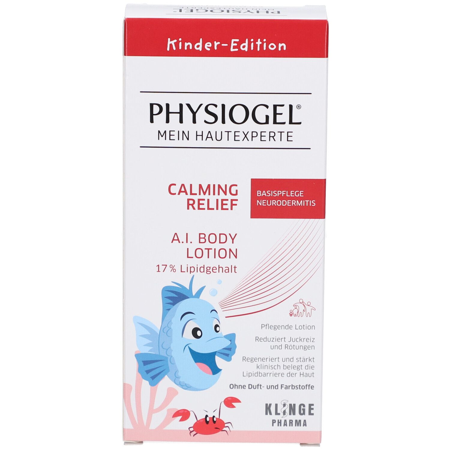 Produktverpackung. Physiogel Calming Relief A.I. Body Lotion. Mit Fisch-Illustration und Text.
