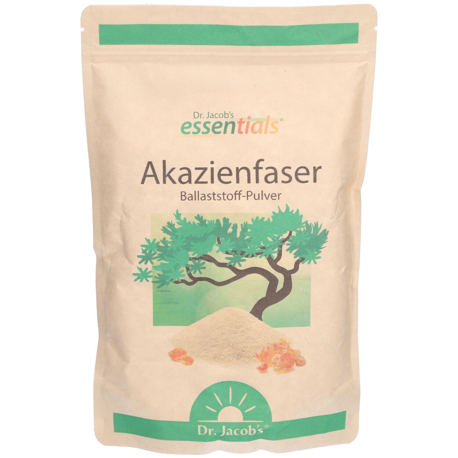 Beutel mit "Dr. Jacob's essentials Akazienfaser Ballaststoff-Pulver". Grün-weißes Design, Illustration eines Baumes und Produktnamen.