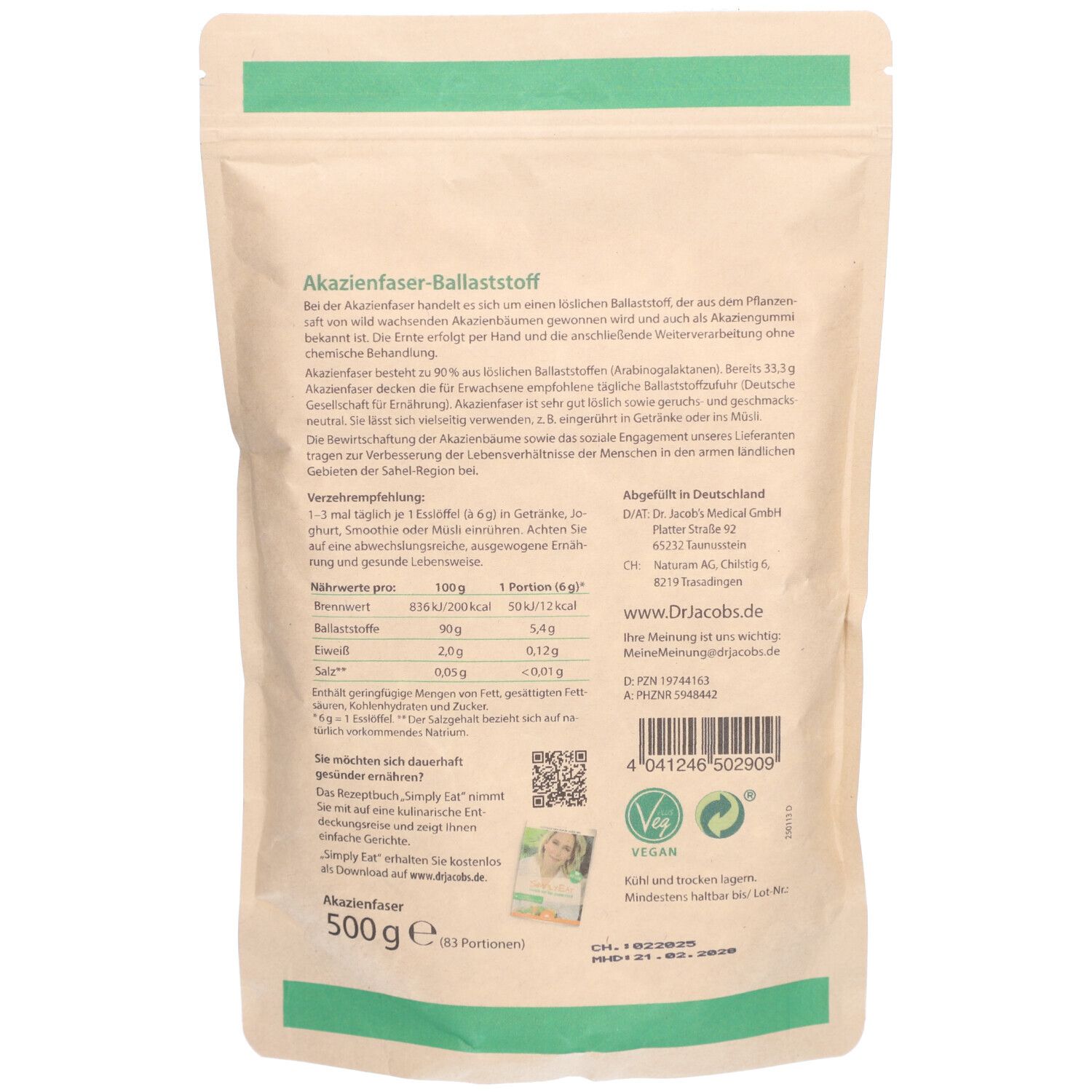 Rückseite der "Dr. Jacob's Akazienfaser" Verpackung. Enthält Informationen zu Inhaltsstoffen, Nährwerten, Hersteller und Vegan-Logo.