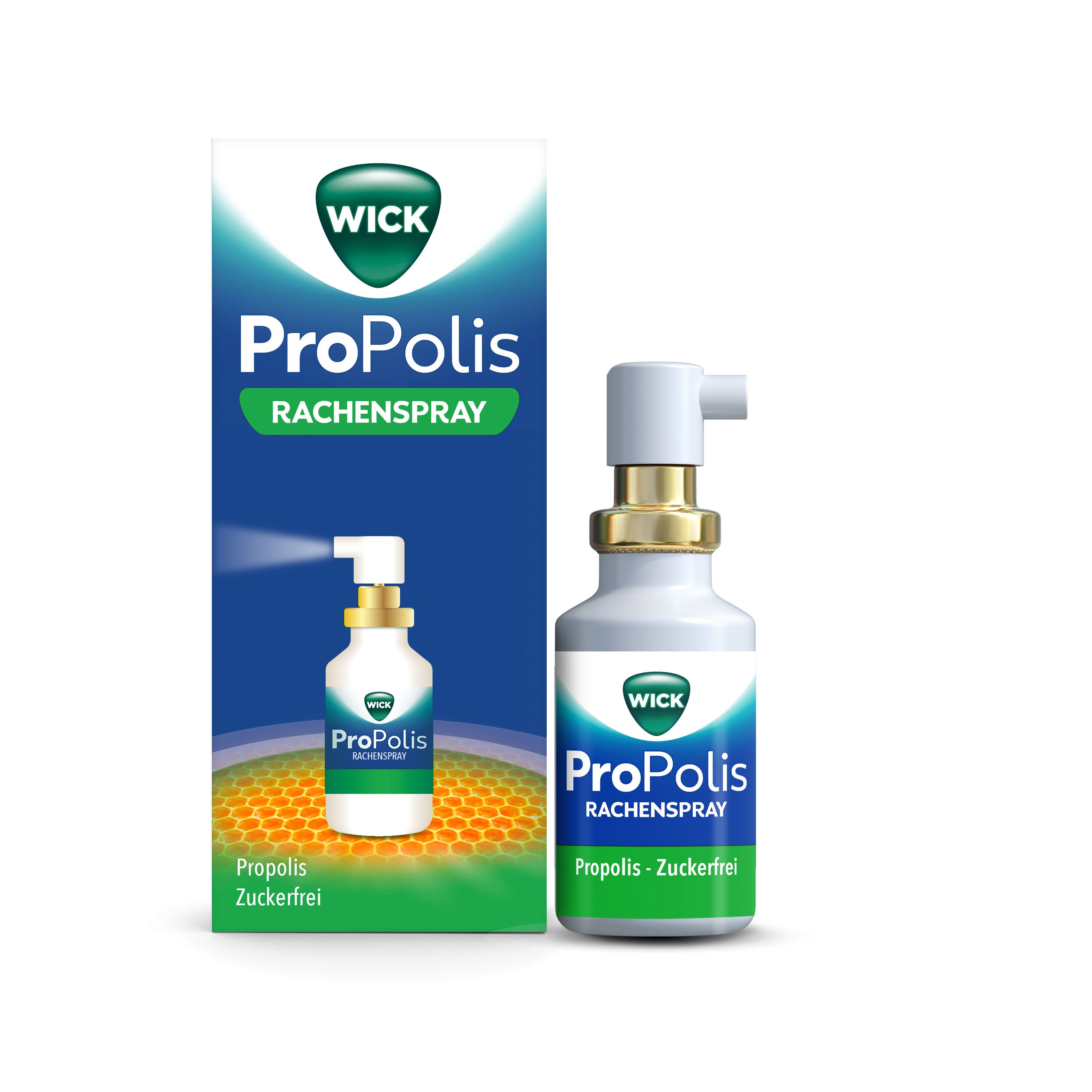WICK ProPolis Rachenspray und Kartonverpackung. Sprayflasche mit Applikator.