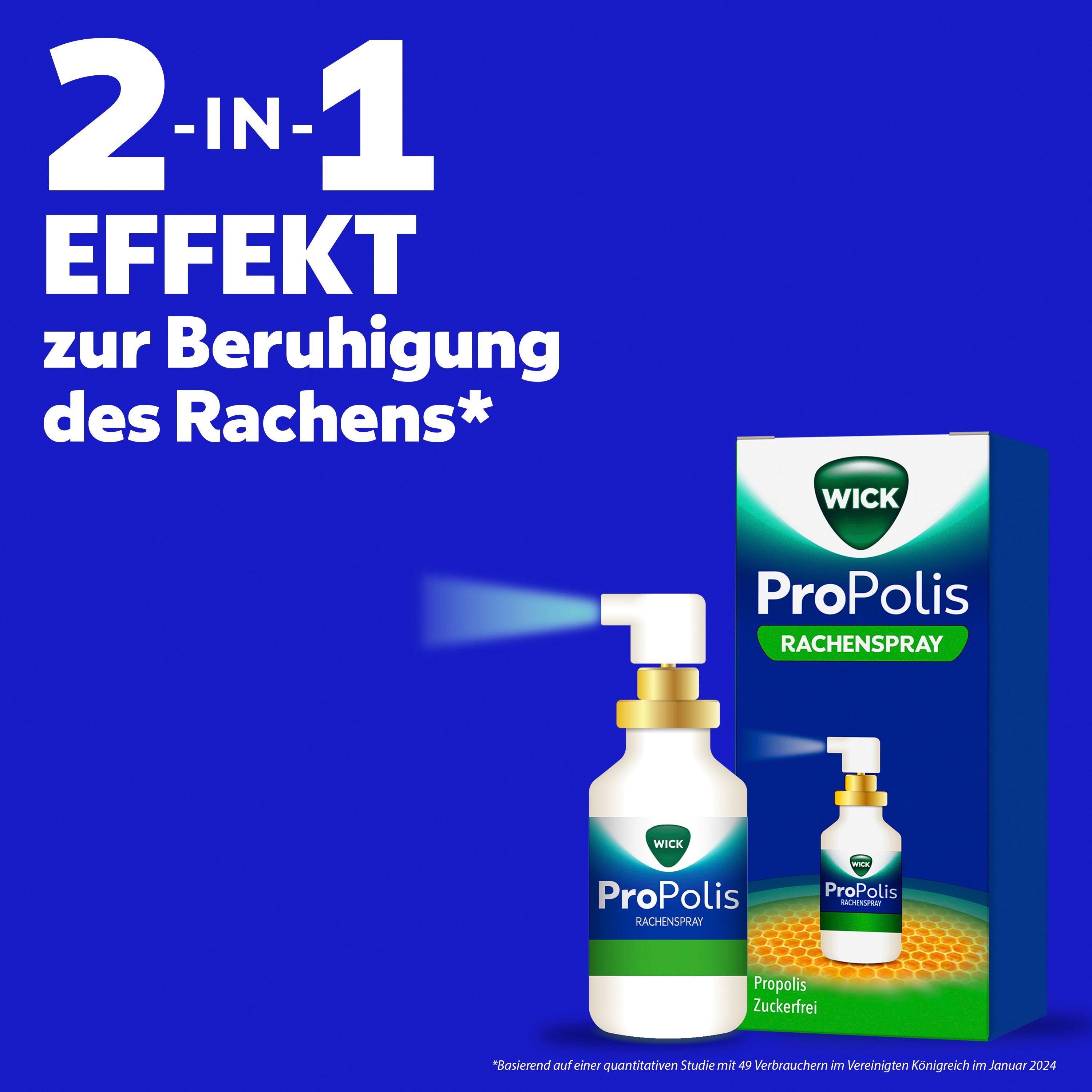 WICK ProPolis Rachenspray: 2-in-1 Effekt zur Beruhigung des Rachens. Spray und Verpackung.