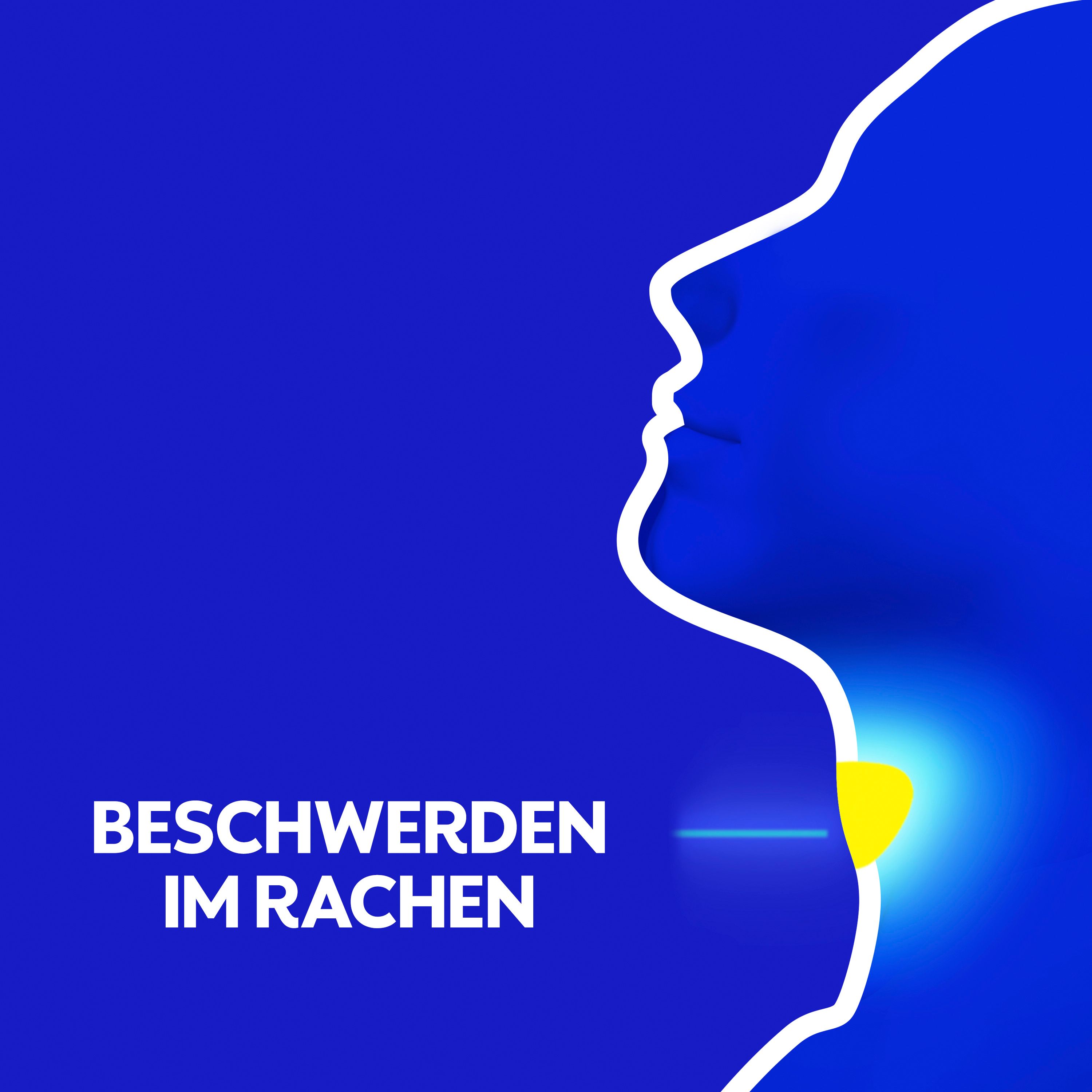Illustration eines Kopfes mit hervorgehobenem Halsbereich, der Rachenbeschwerden symbolisiert.
