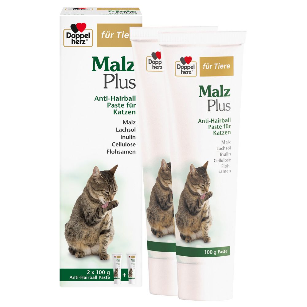 Deux tubes de Doppelherz Malz Plus pour chats. Sur l'emballage : chat, nom du produit, ingrédients. 2 x 100 g.