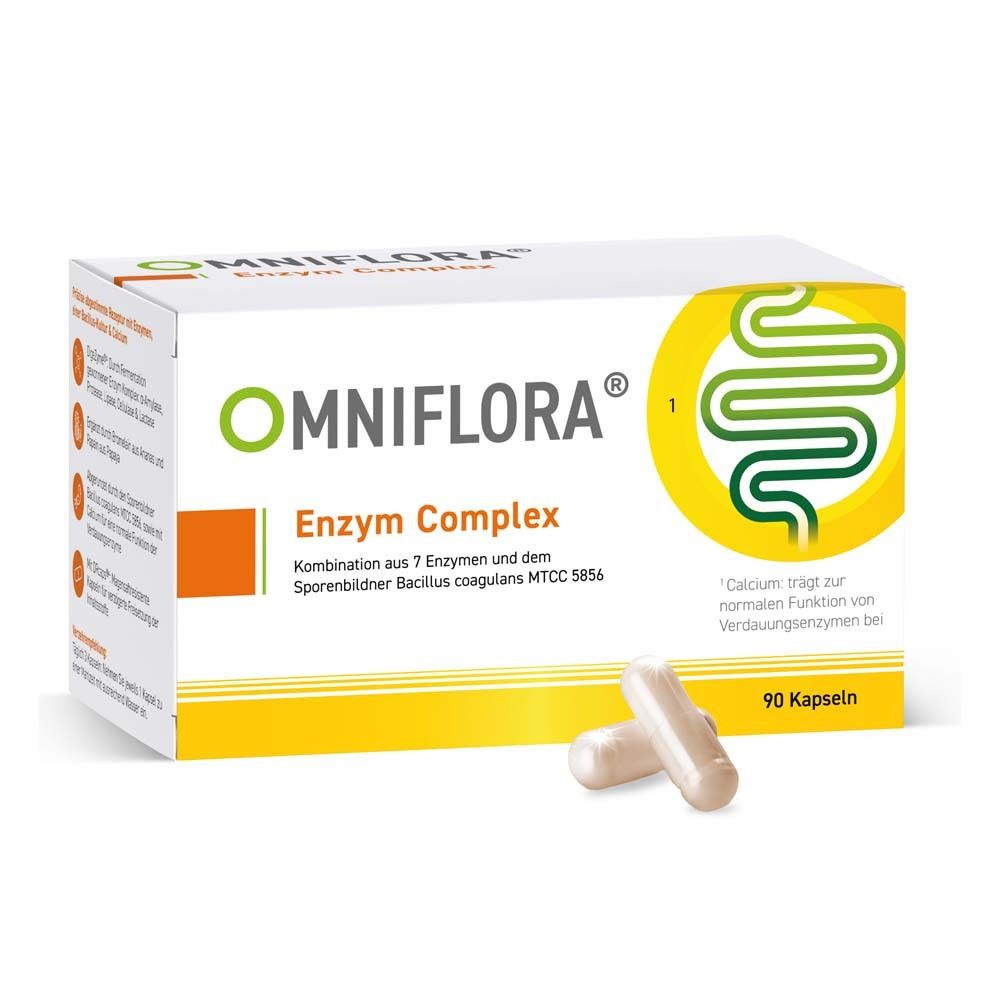 Boîte blanche OMNIFLORA® Enzym Complex. Contient 90 gélules. Deux gélules devant.