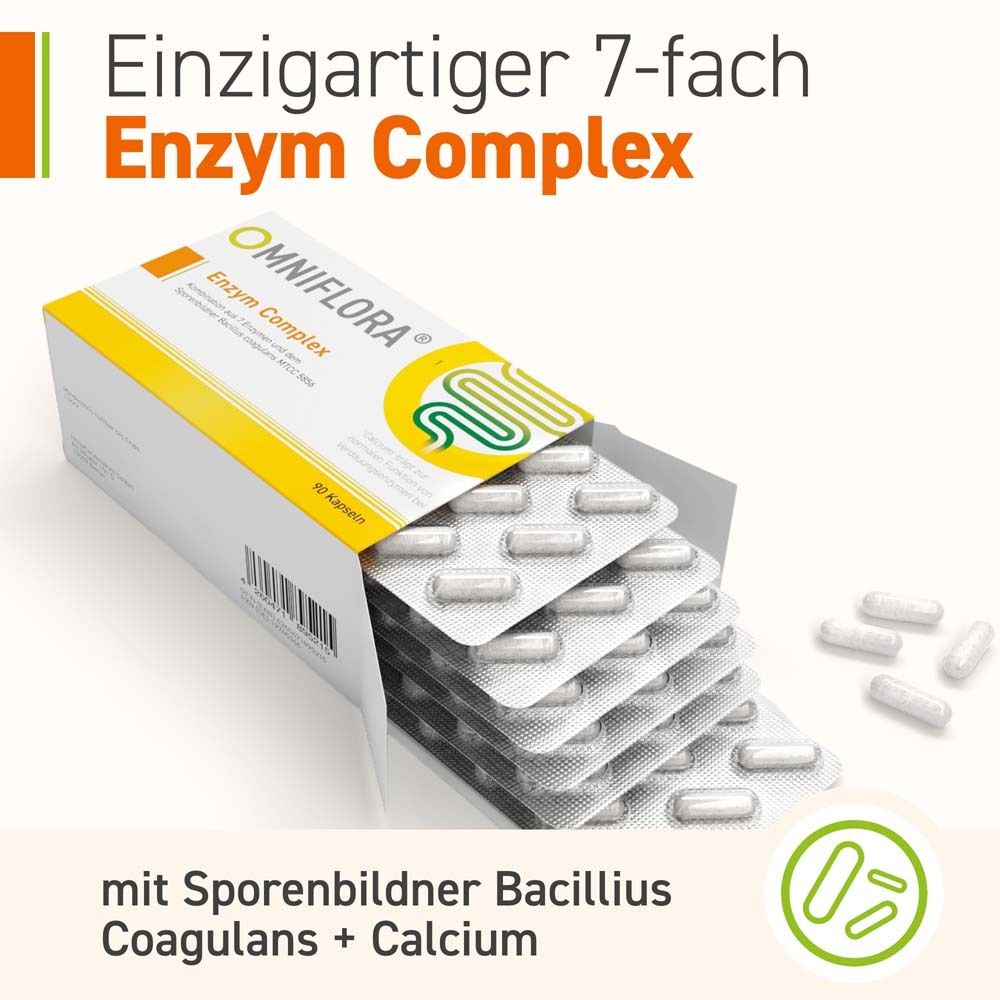 Paquet OMNIFLORA® Enzym Complex avec blister ouvert. Gélules en blisters.