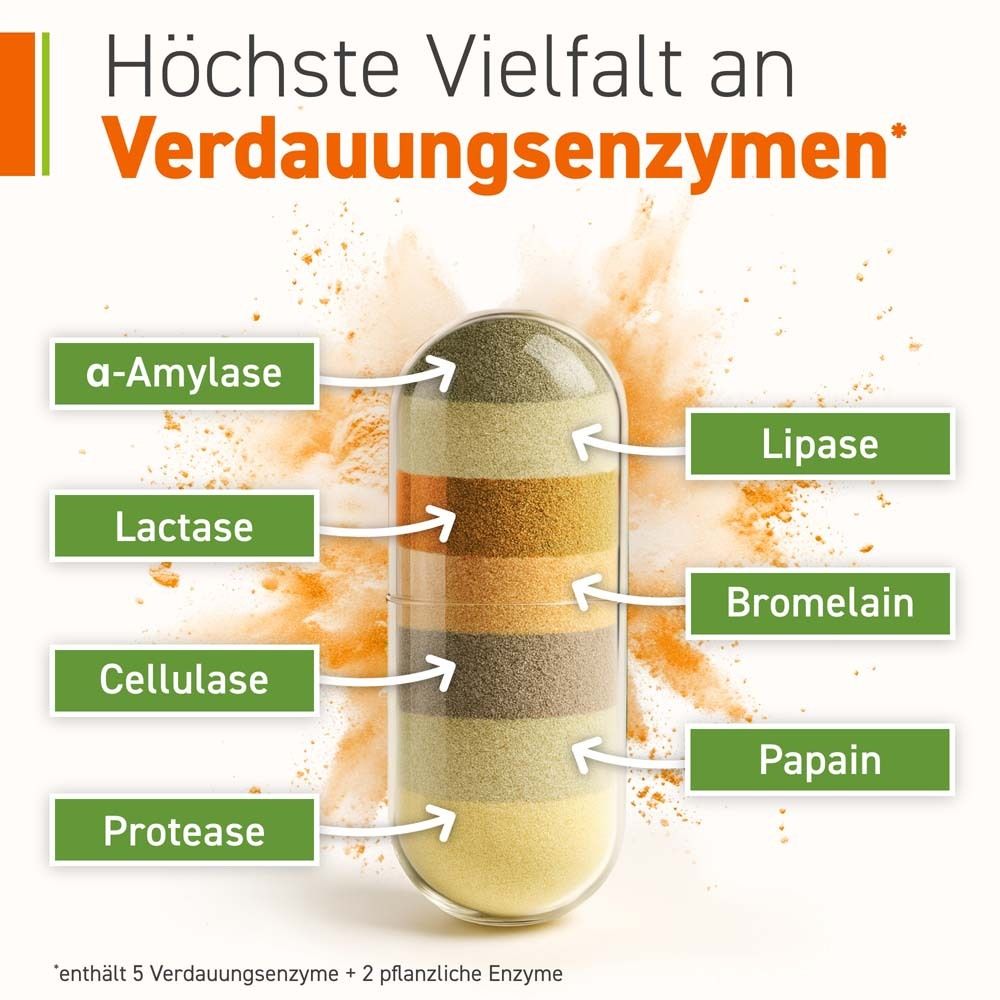 Gélule avec enzymes. Étiquetage avec α-Amylase, Lactase, Cellulase, Protéase, Lipase, Bromélaïne, Papaïne.