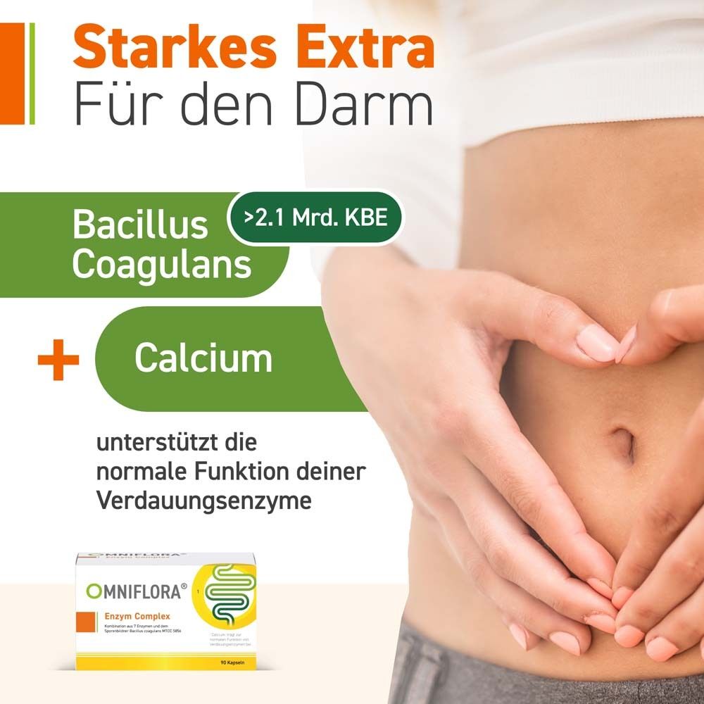 Ventre avec mains en forme de cœur. Texte : Bacillus Coagulans + Calcium. OMNIFLORA® Enzym Complex.