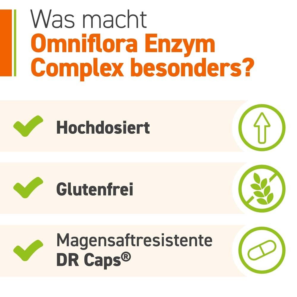 Texte : Qu'est-ce qui rend OMNIFLORA® Enzym Complex spécial ? Fortement dosé, sans gluten, DR Caps® gastro-résistantes.