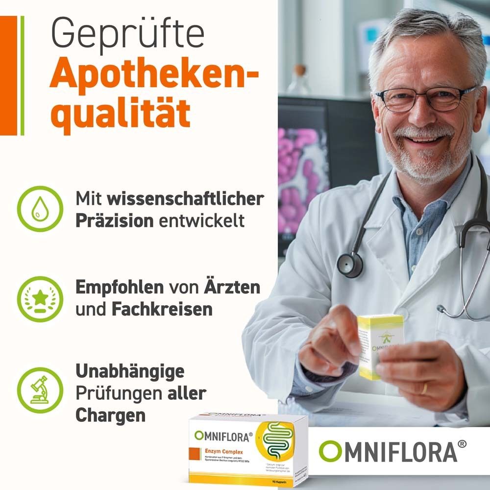 Médecin avec OMNIFLORA® Enzym Complex. Texte : Qualité pharmaceutique vérifiée. Recommandé par les médecins.