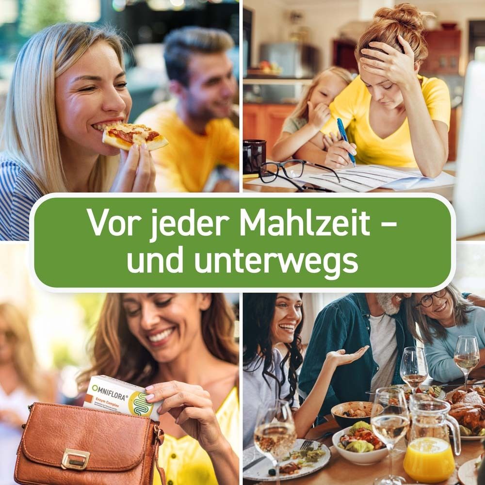 Collage : les gens mangent, travaillent, boivent. OMNIFLORA® Enzym Complex dans un sac à main.