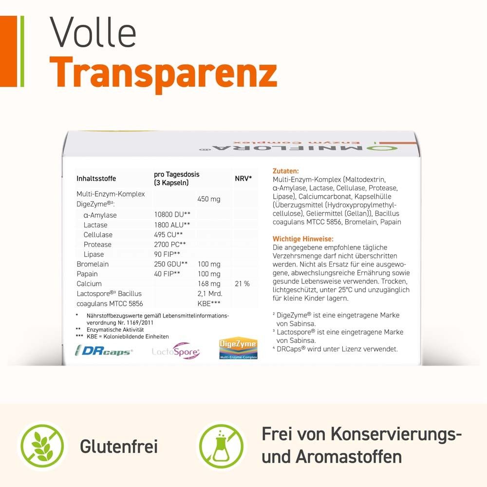 Texte : Transparence totale. Ingrédients, informations nutritionnelles. Sans gluten, sans conservateurs ni arômes.