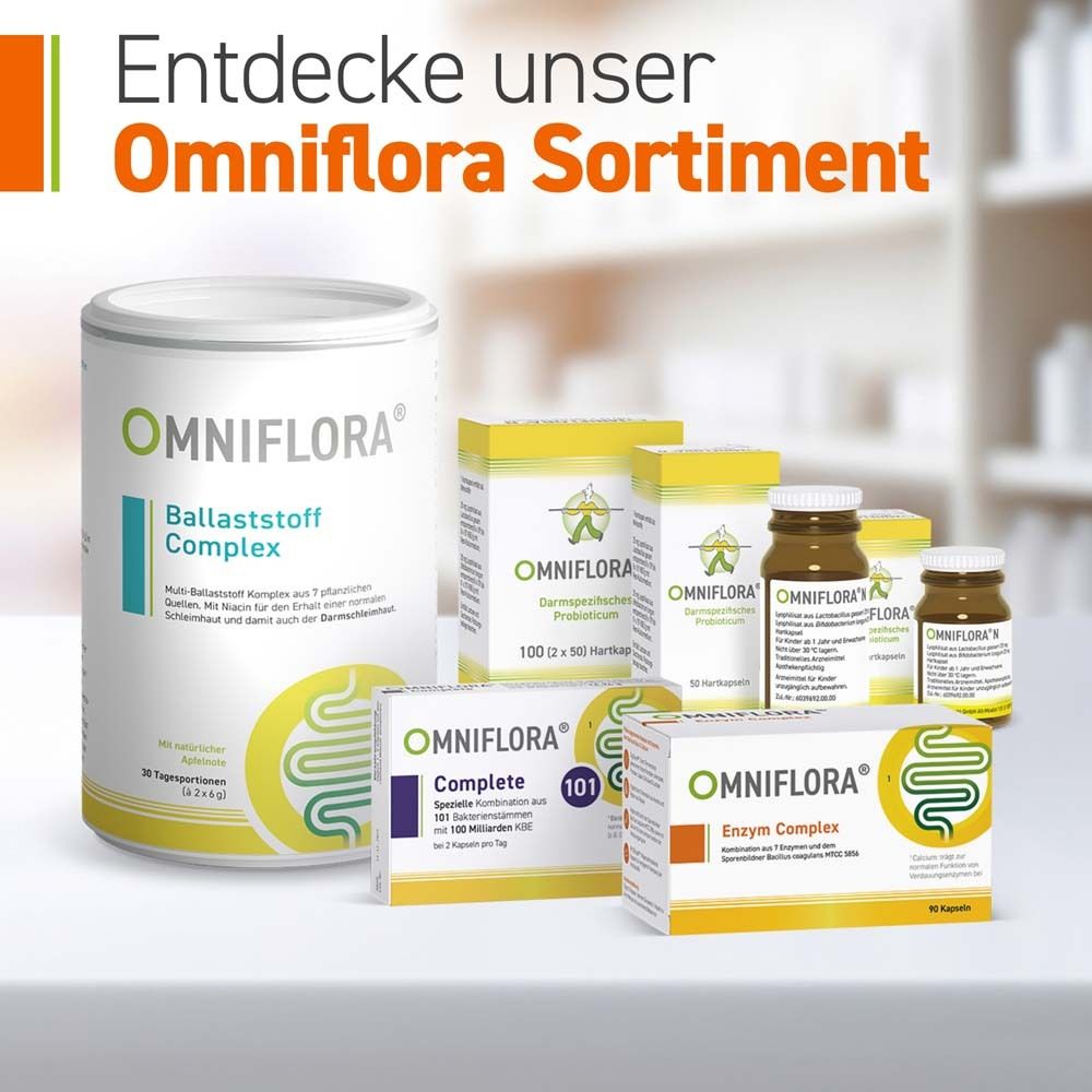Différents produits OMNIFLORA®. Ballaststoff Complex, Enzym Complex, Complete, autres produits.